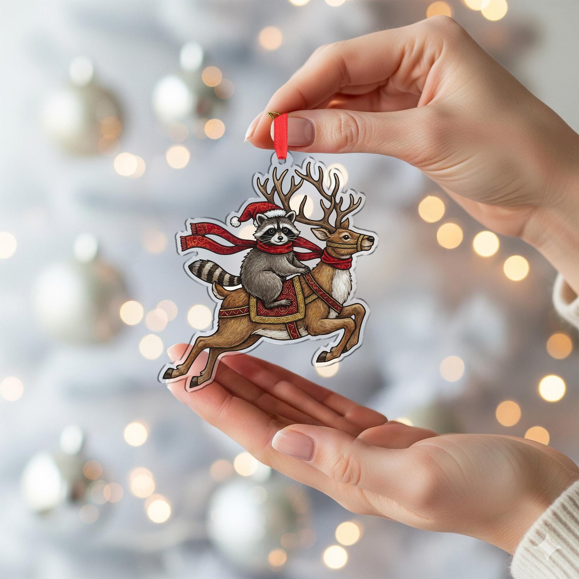 Festive Raccoon & Reindeer Christmas Tree Ornament – Holiday Woodland Animal Acrylic Decoration image 6