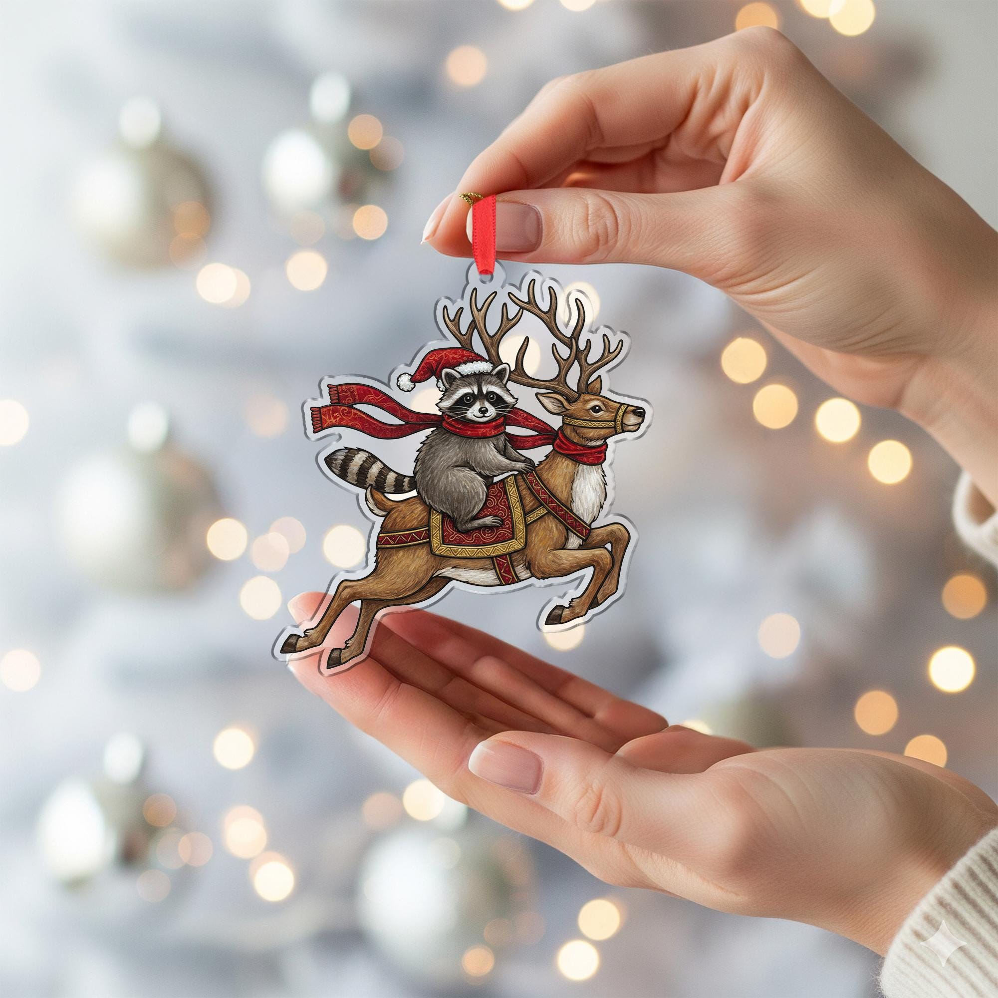 Festive Raccoon & Reindeer Christmas Tree Ornament – Holiday Woodland Animal Acrylic Decoration image 6