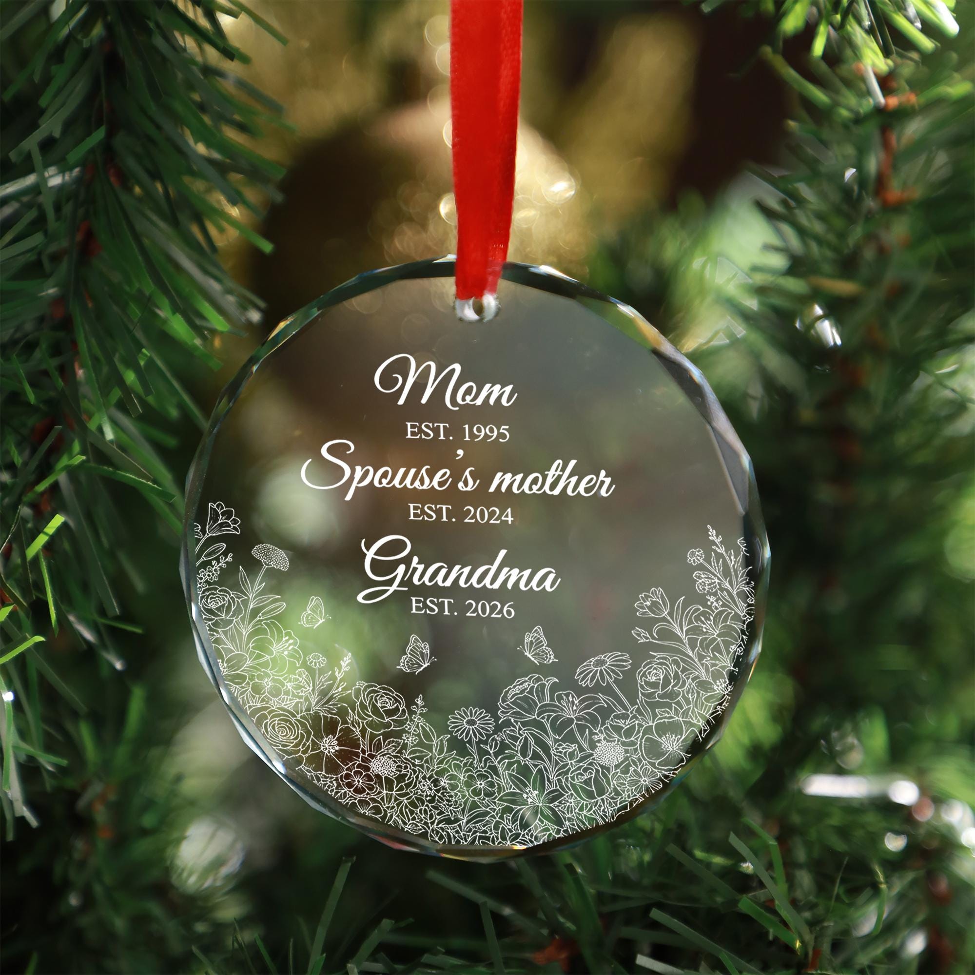 Personalized Glass Ornament: Etched Floral Family Design, Round Clear Crystal Keepsake image 2