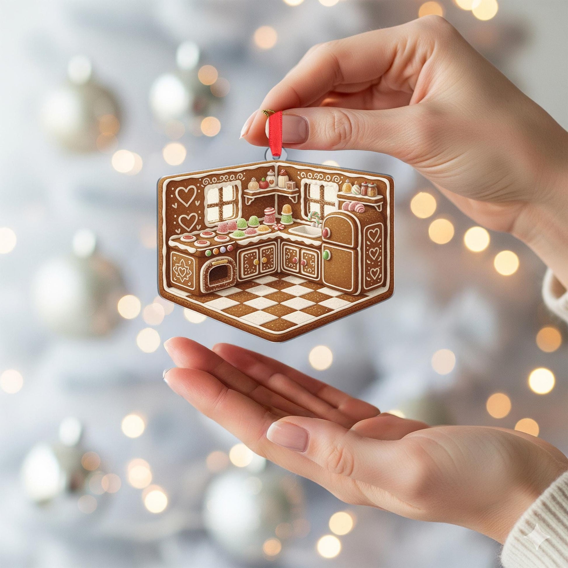 Gingerbread Kitchen Ornament: Cookie Design, Holiday Baking Theme, Brown and White Decoration image 4