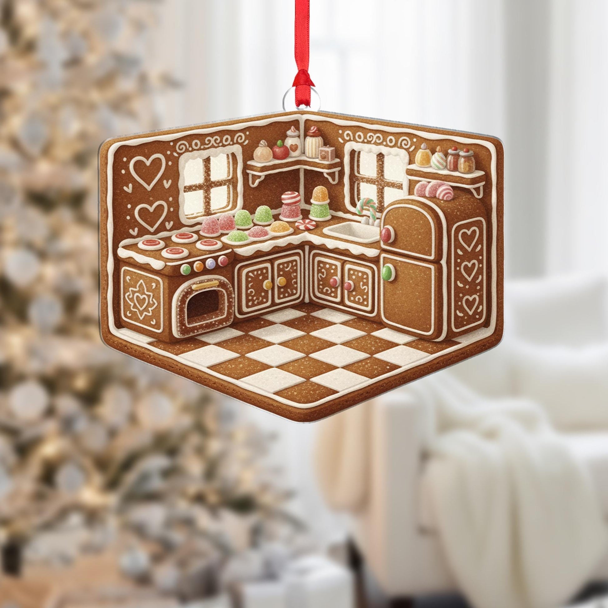 Gingerbread Kitchen Ornament: Cookie Design, Holiday Baking Theme, Brown and White Decoration image 6