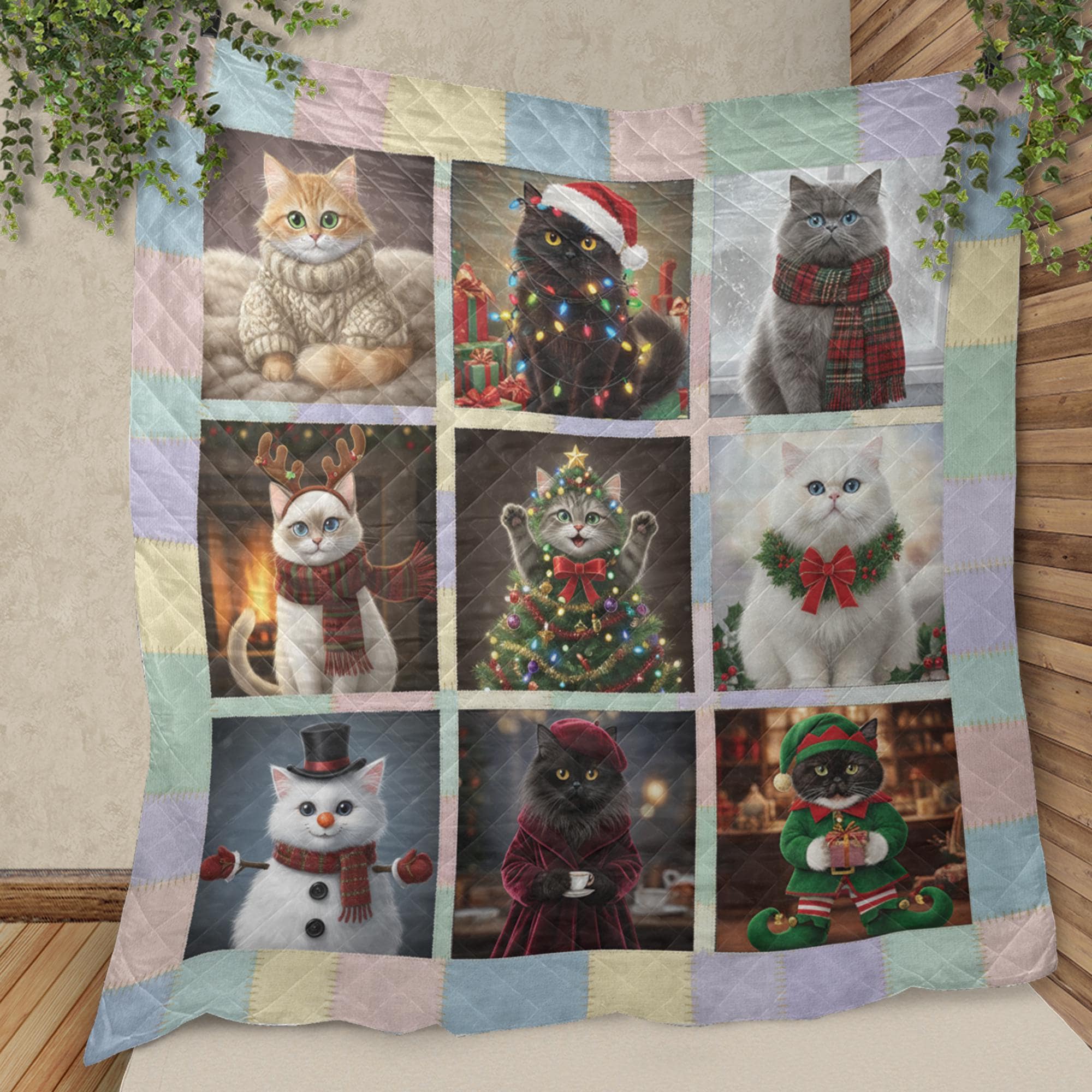 Christmas Cat Quilt Blanket: Printed Patchwork Design, Cozy Holiday Bedding, Soft Home Decor image 1