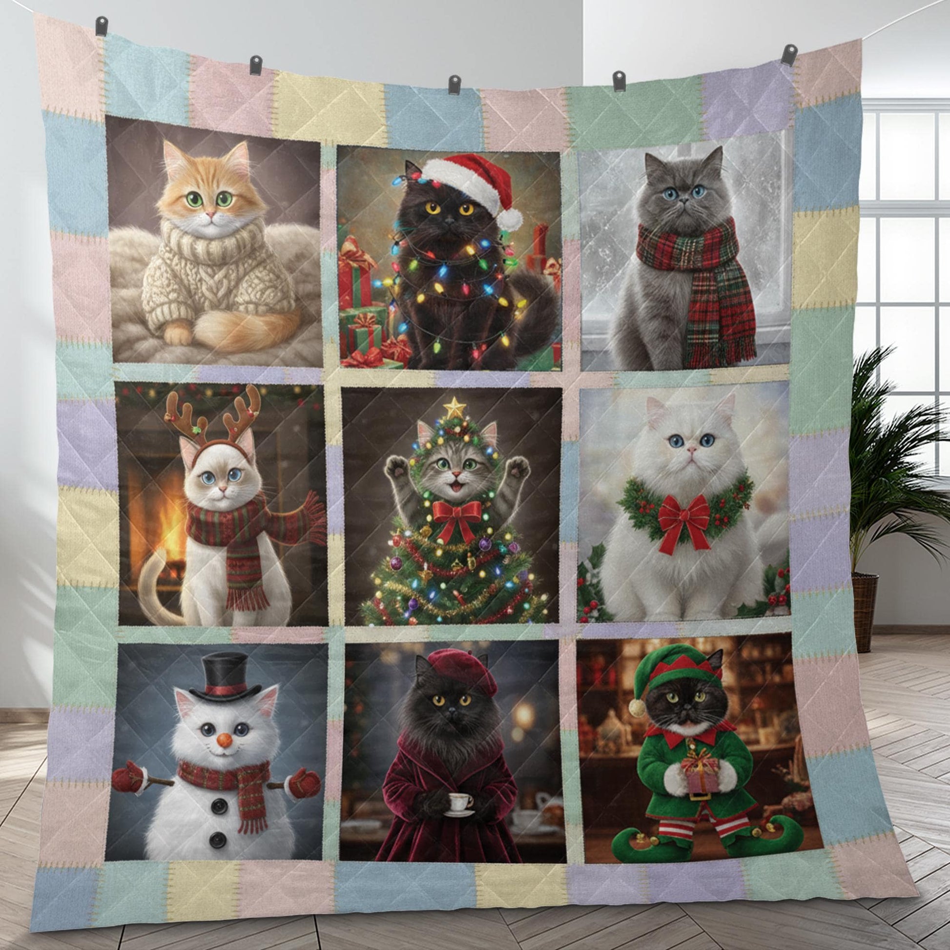 Christmas Cat Quilt Blanket: Printed Patchwork Design, Cozy Holiday Bedding, Soft Home Decor image 2