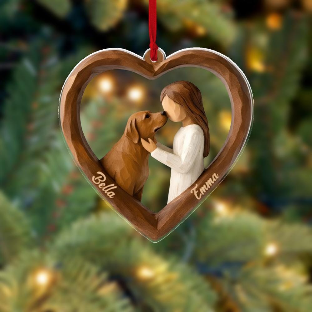 Personalized Girl and Dog Ornament – Heart Shaped Pet Memorial Christmas Gift image 1