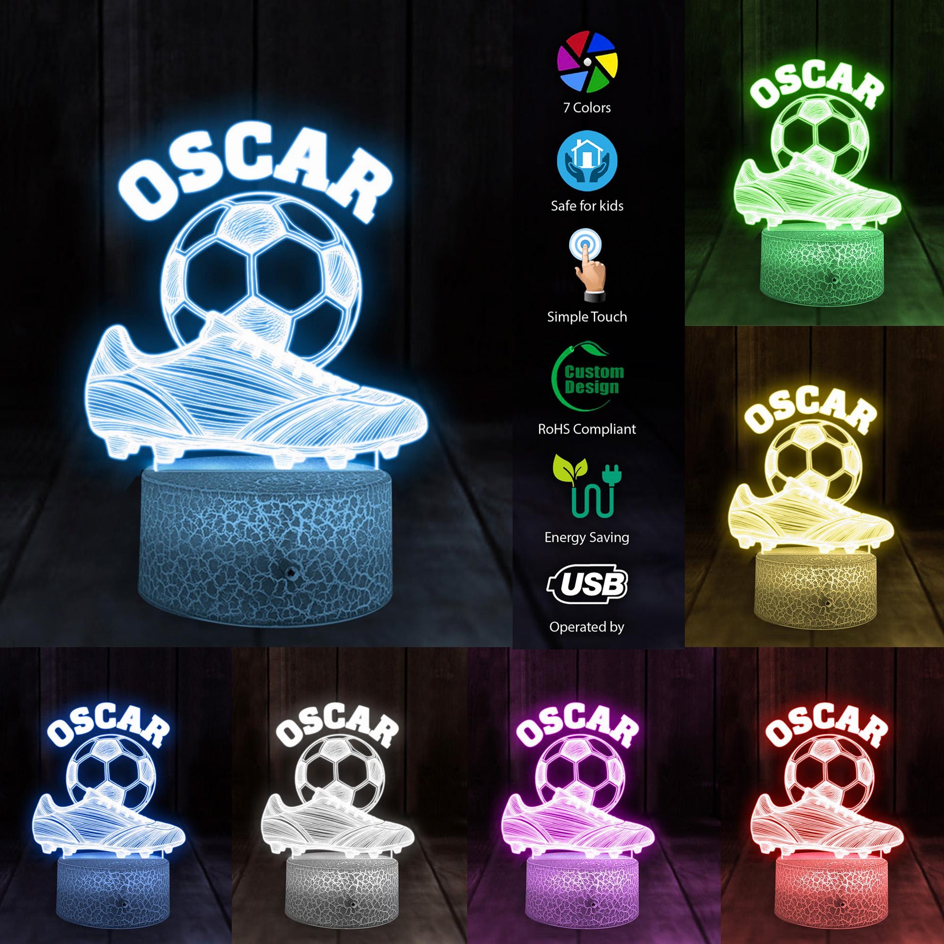 Custom Acrylic LED Night Light with Wood Base – Soccer Boot & Ball Design image 2