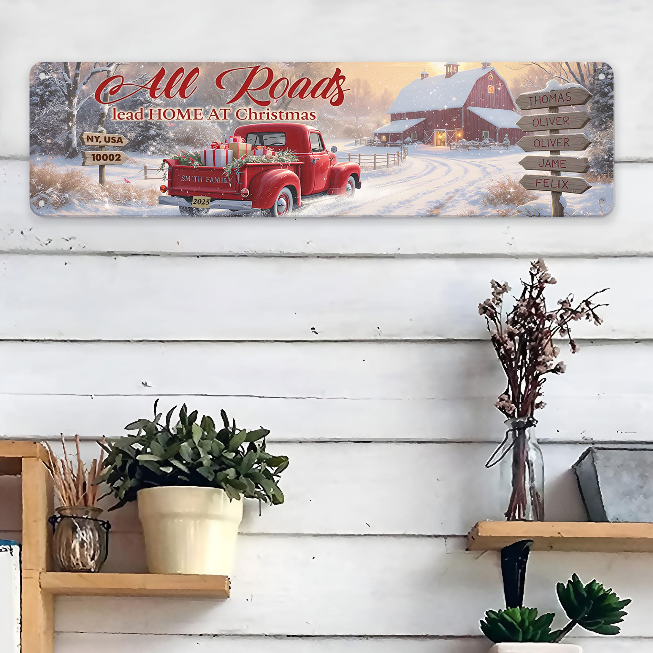 Custom Rectangle Metal Sign: All Roads Lead Home at Christmas, Family Name Holiday Decor image 2