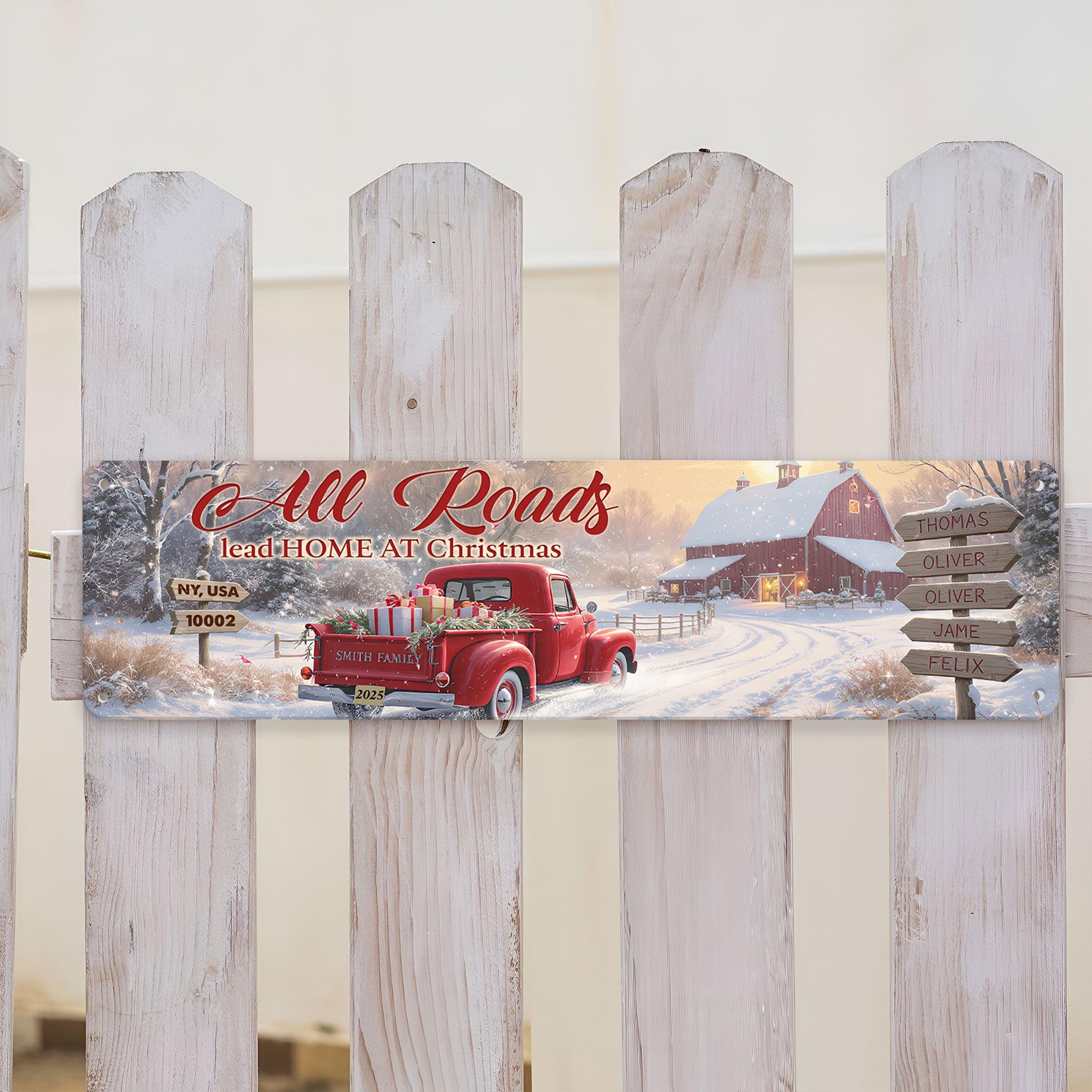 Custom Rectangle Metal Sign: All Roads Lead Home at Christmas, Family Name Holiday Decor image 1