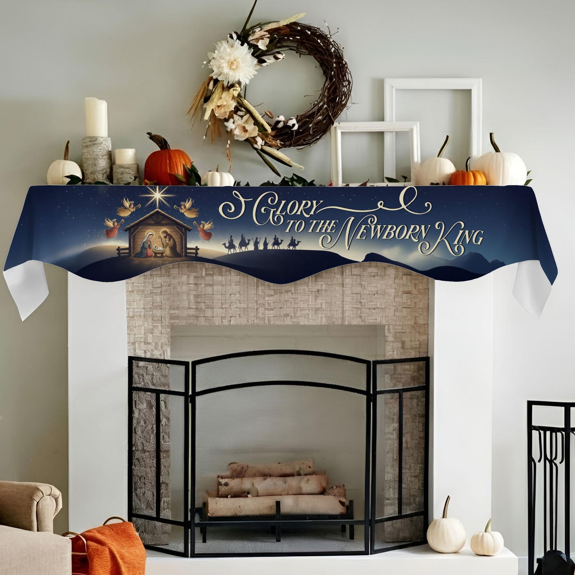 Nativity Mantel Scarf: Glory to the Newborn King, Christmas Night Fireplace Decor image 4