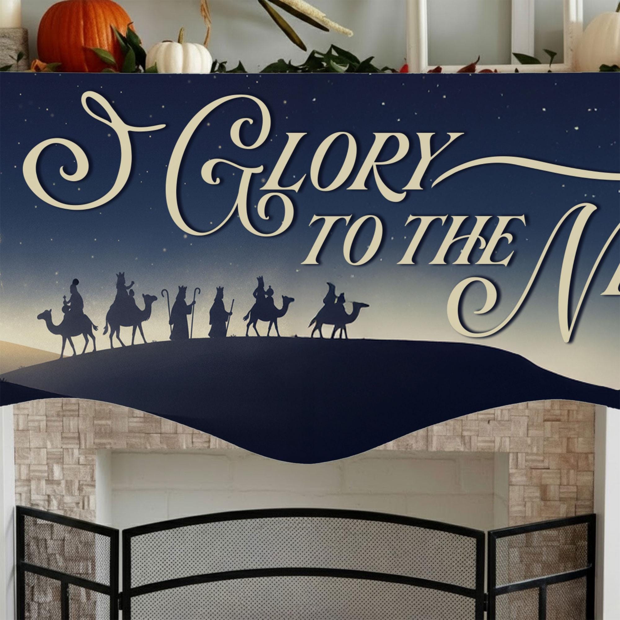 Nativity Mantel Scarf: Glory to the Newborn King, Christmas Night Fireplace Decor image 3