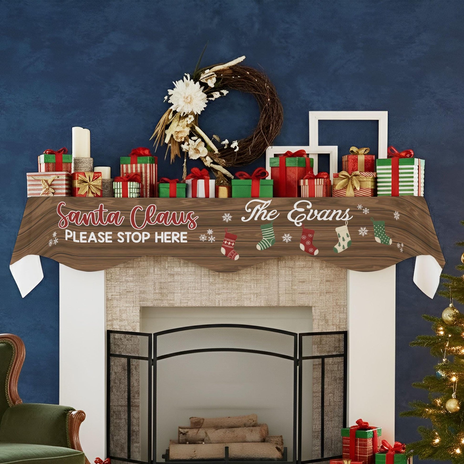 Custom Fireplace Mantel Scarf: Santa Claus Please Stop Here, Family Name Christmas Decor image 4