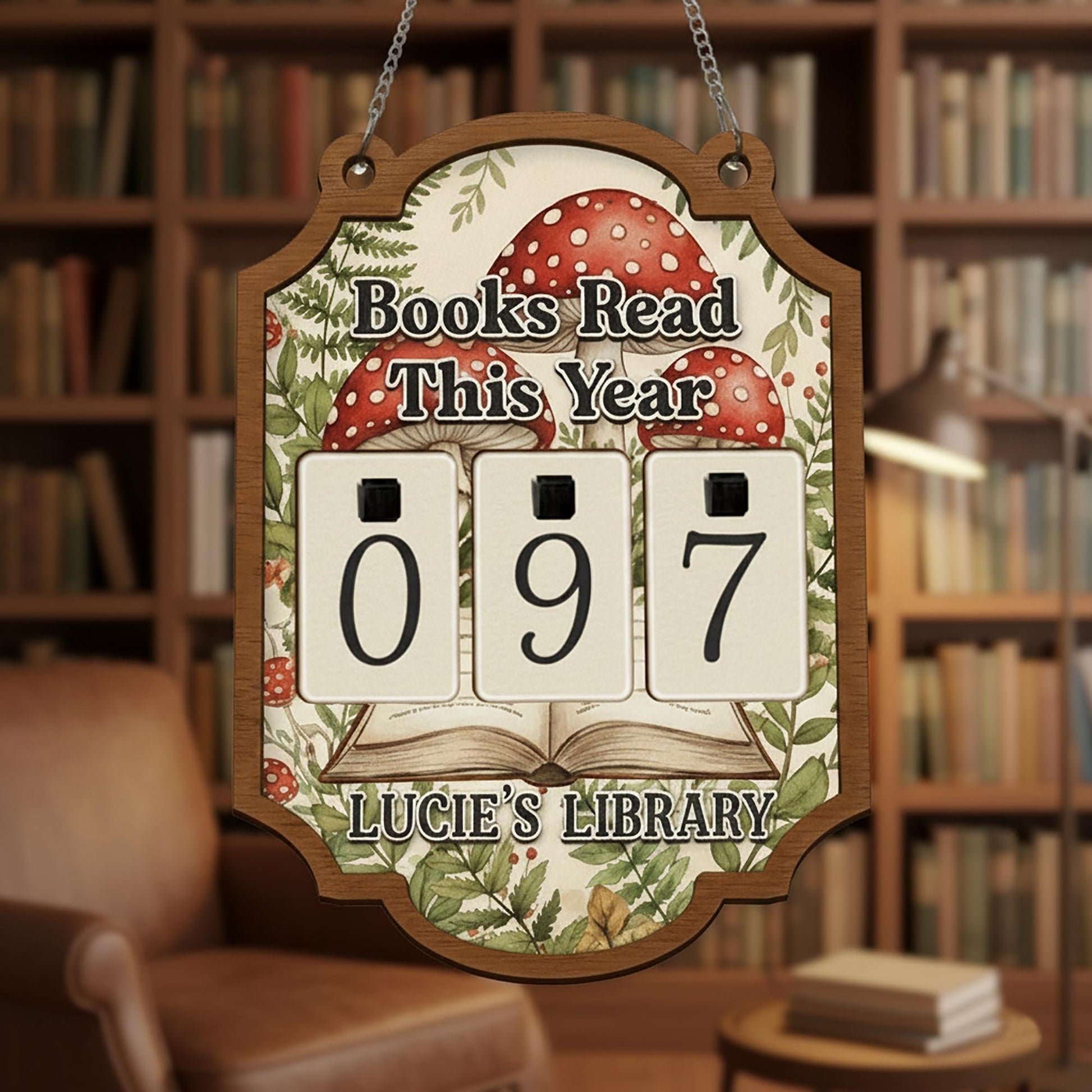 Whimsical Book Tracker Sign - Personalized Mushroom Library Reading Decor image 1