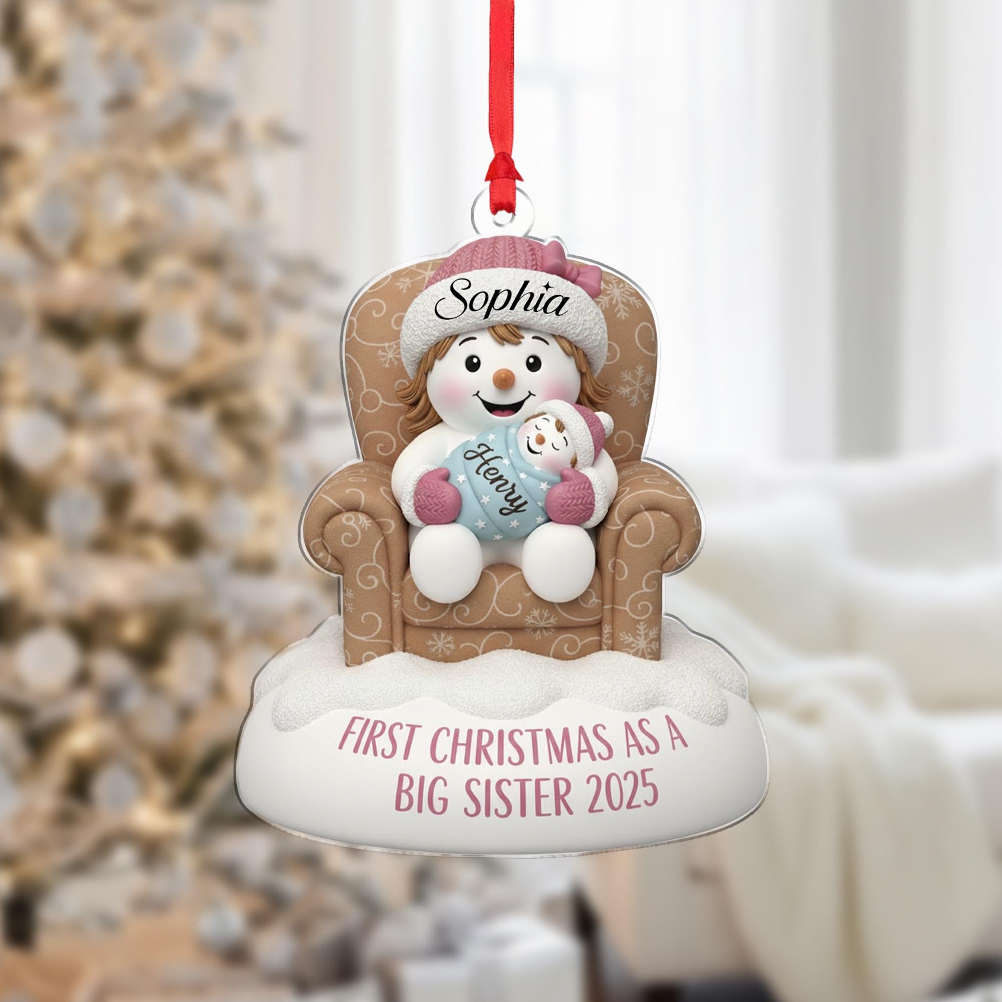 Personalized Christmas Ornament: Big Sister Announcement, Snow-woman Character, Sibling Names, Armchair Detail image 1