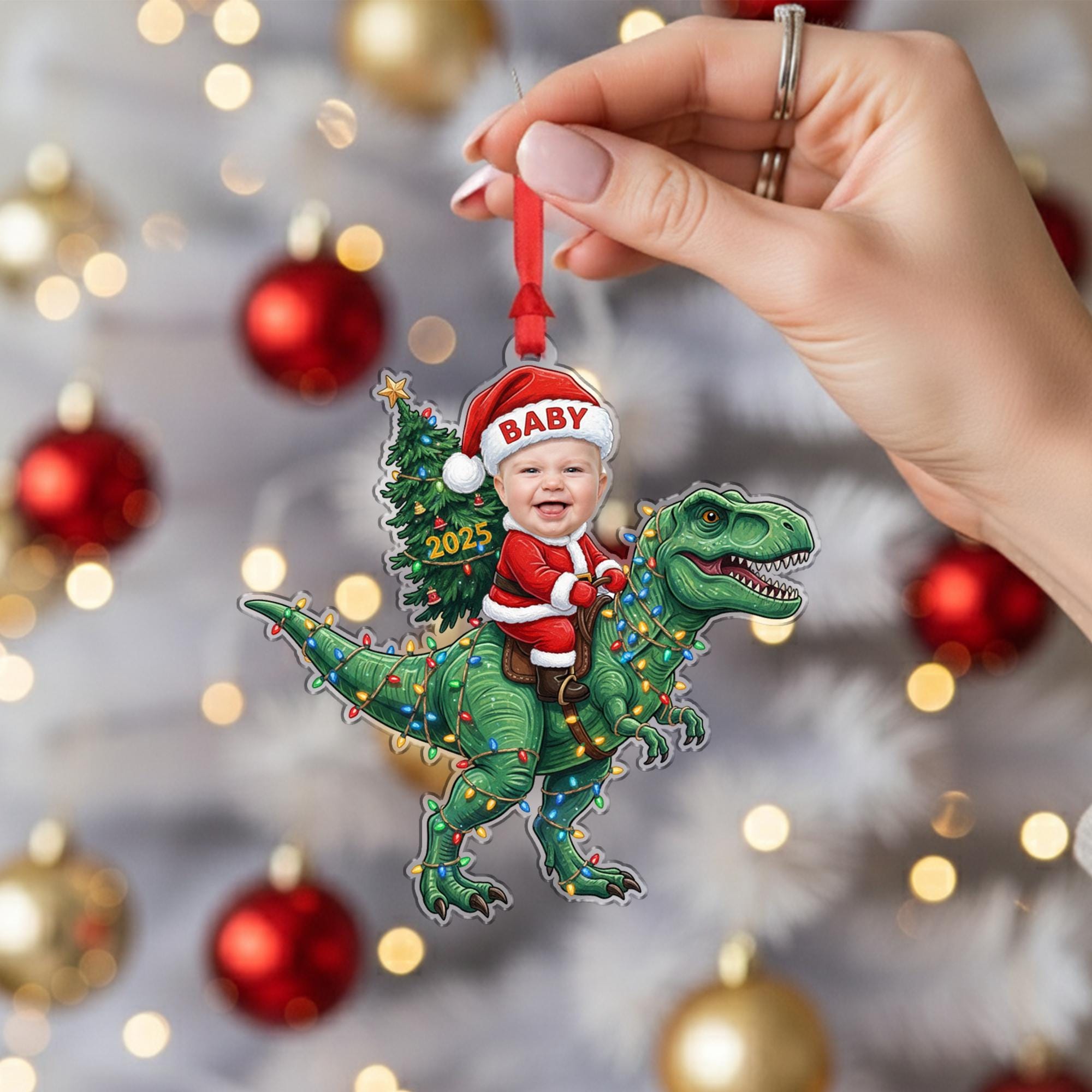 Custom Baby Photo Ornament – Dinosaur Christmas Decoration 2025, Personalized Holiday Keepsake for Tree image 3