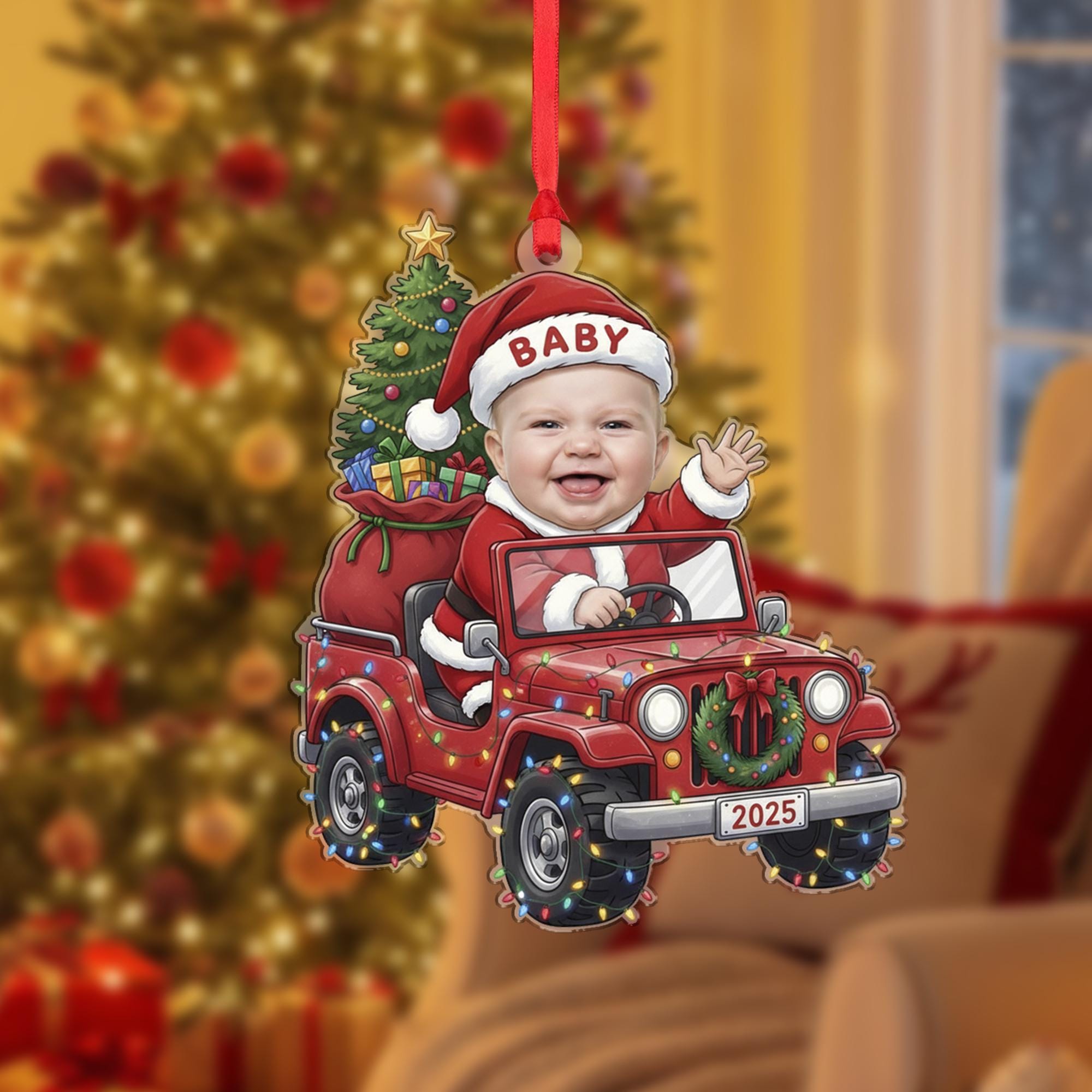 Custom Baby Photo Ornament – Christmas Jeep Decoration 2025, Personalized Holiday Keepsake for Tree image 1