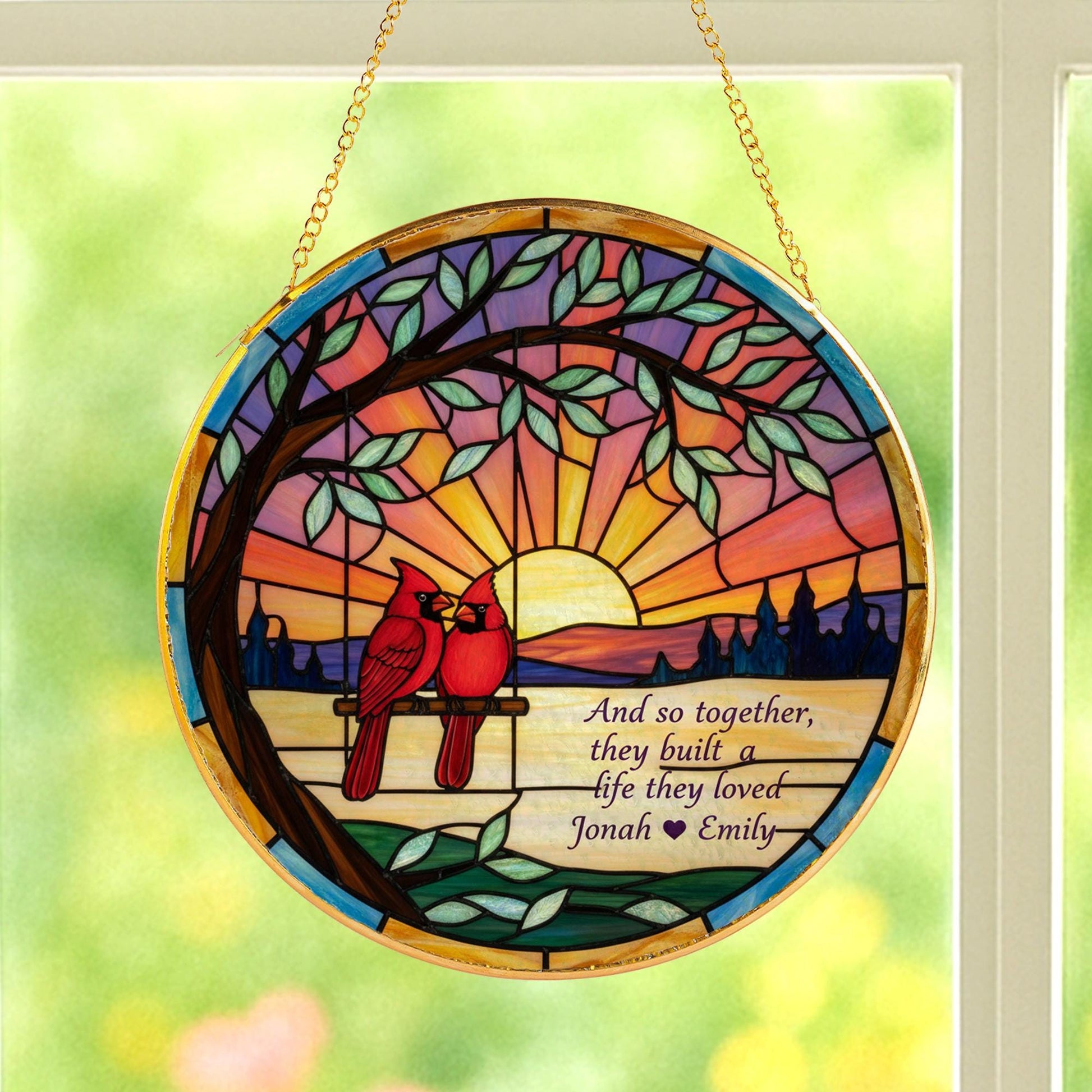 Custom Couple Glass Suncatcher: Cardinal Sunset Window Art image 3