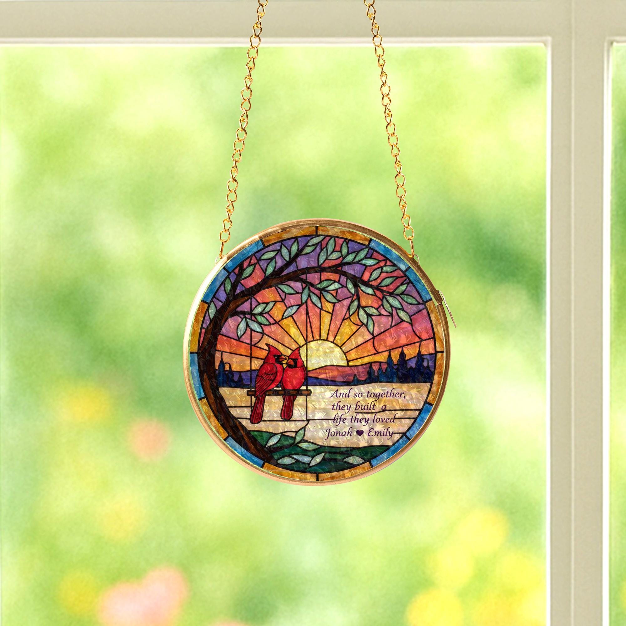Custom Couple Glass Suncatcher: Cardinal Sunset Window Art image 4