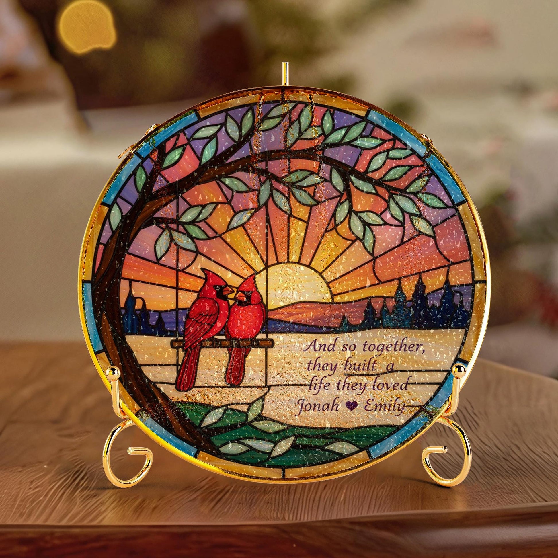 Custom Couple Glass Suncatcher: Cardinal Sunset Window Art image 2