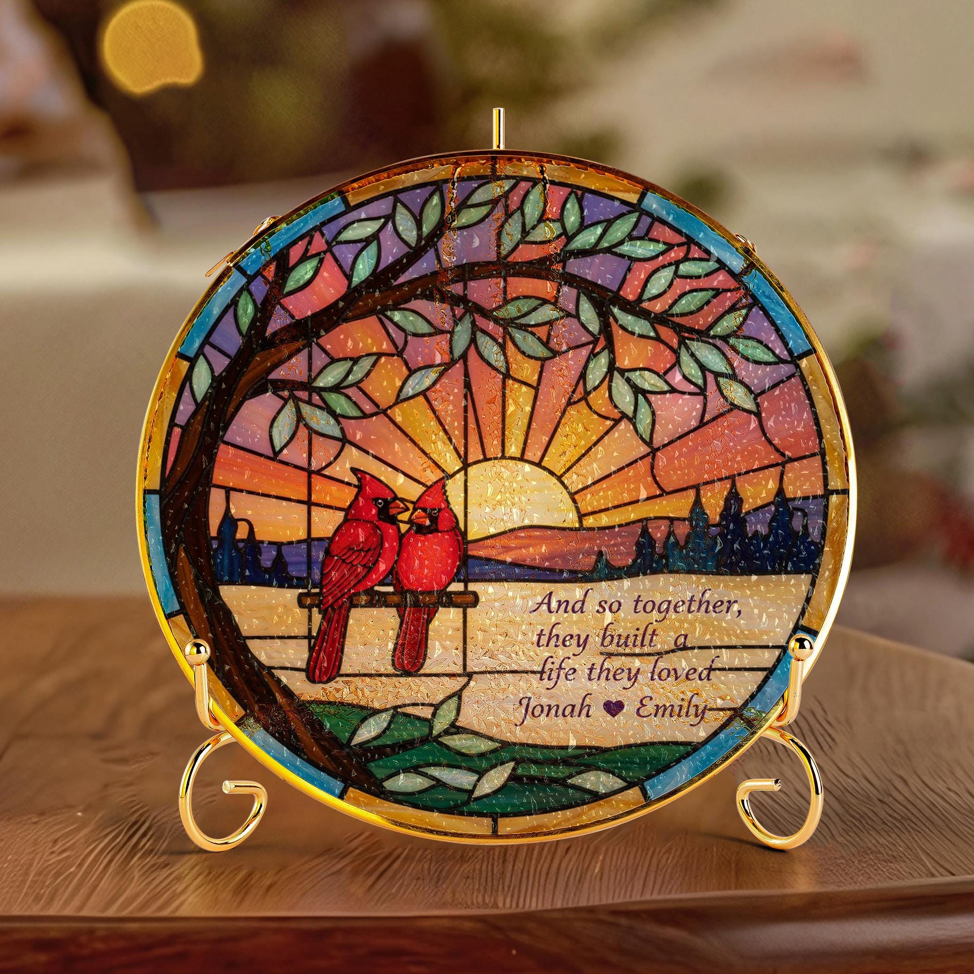 Custom Couple Glass Suncatcher: Cardinal Sunset Window Art image 2