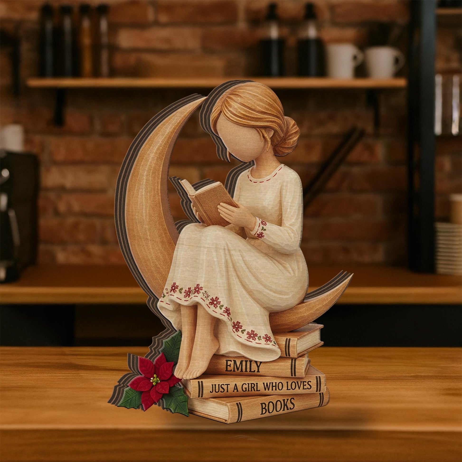 Custom Wooden Reader Figurine: Girl Reading on Moon Wood Blocks image 2