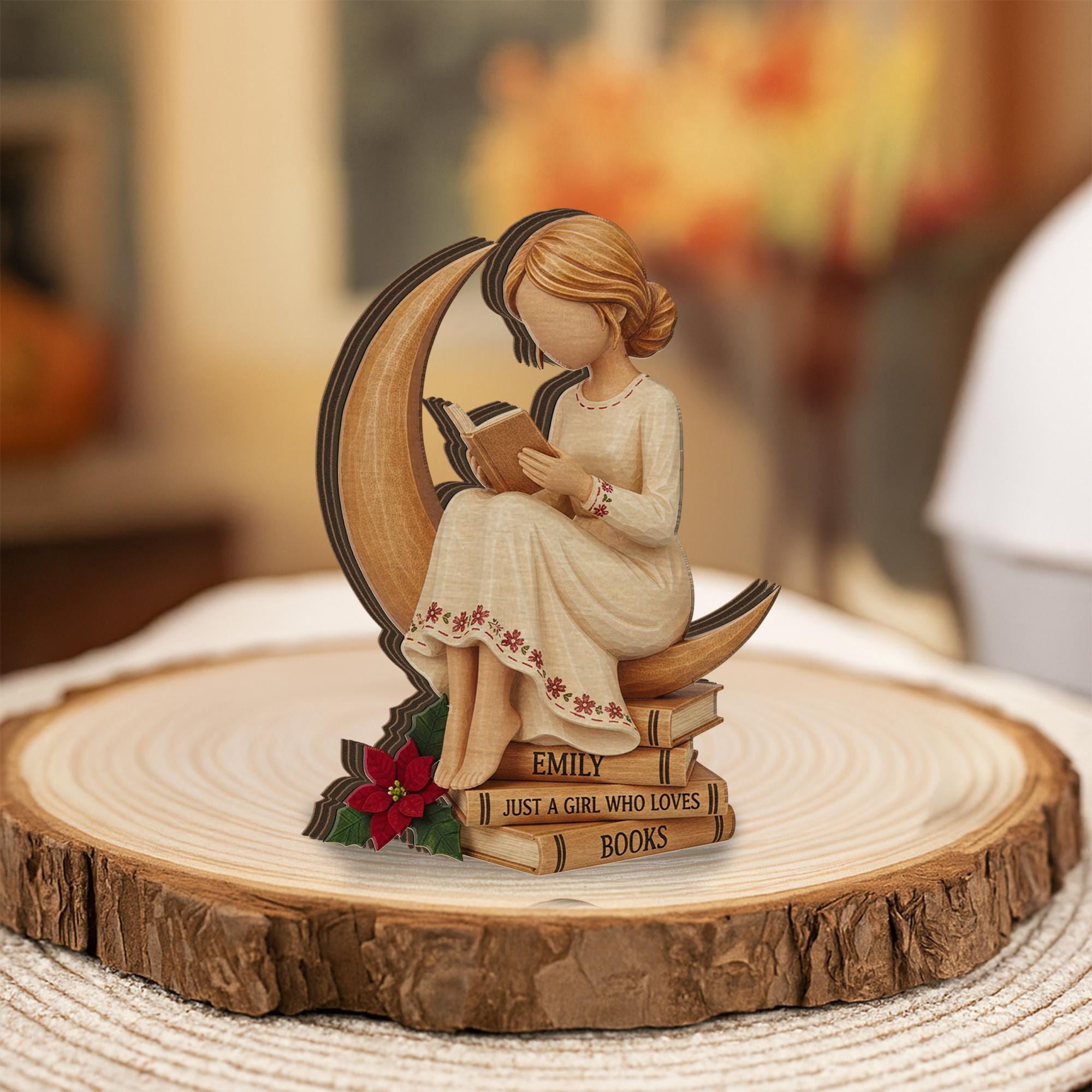 Custom Wooden Reader Figurine: Girl Reading on Moon Wood Blocks image 1