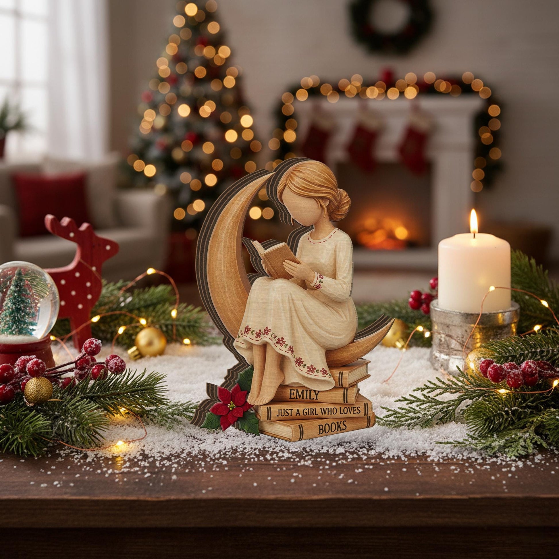 Custom Wooden Reader Figurine: Girl Reading on Moon Wood Blocks image 5