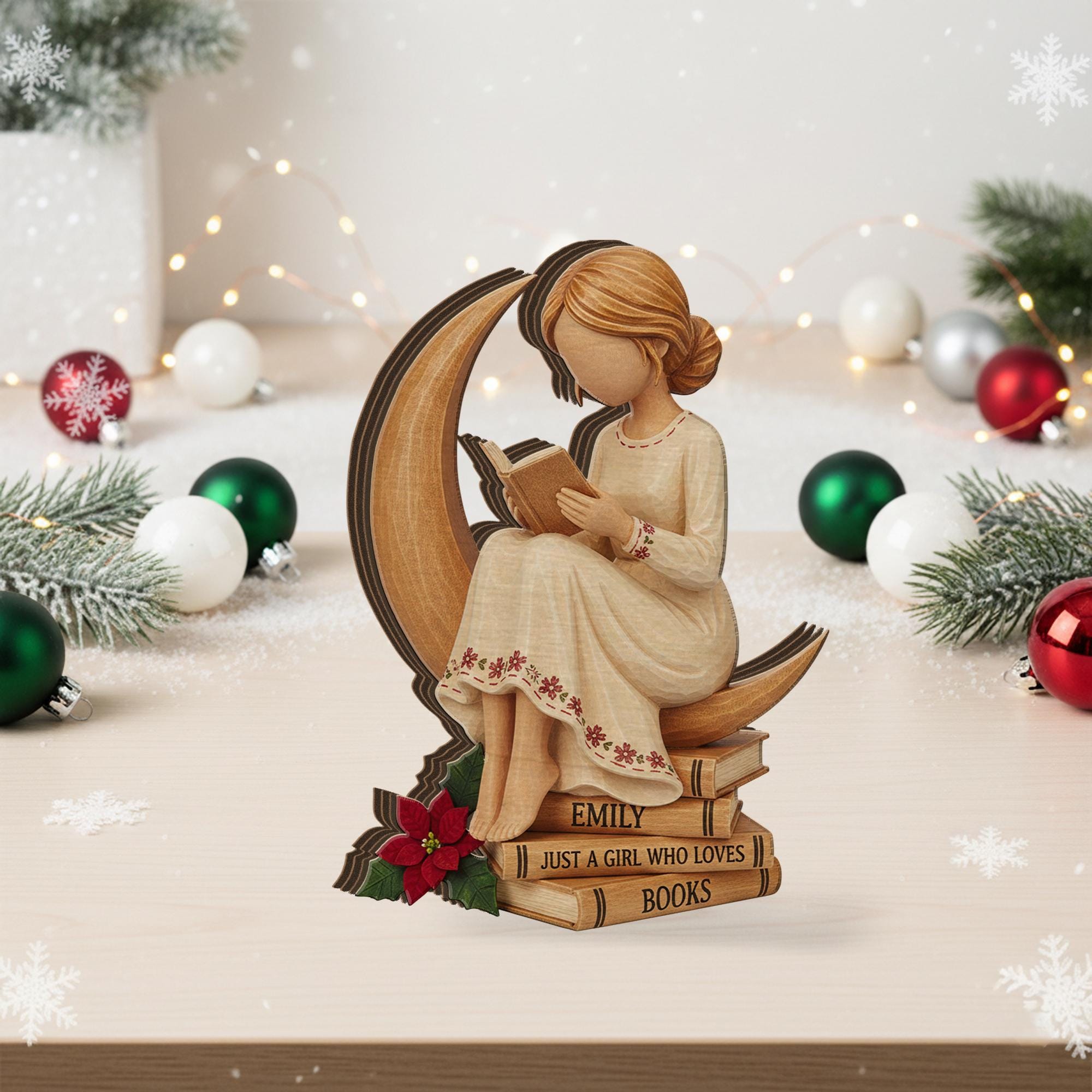 Custom Wooden Reader Figurine: Girl Reading on Moon Wood Blocks image 4
