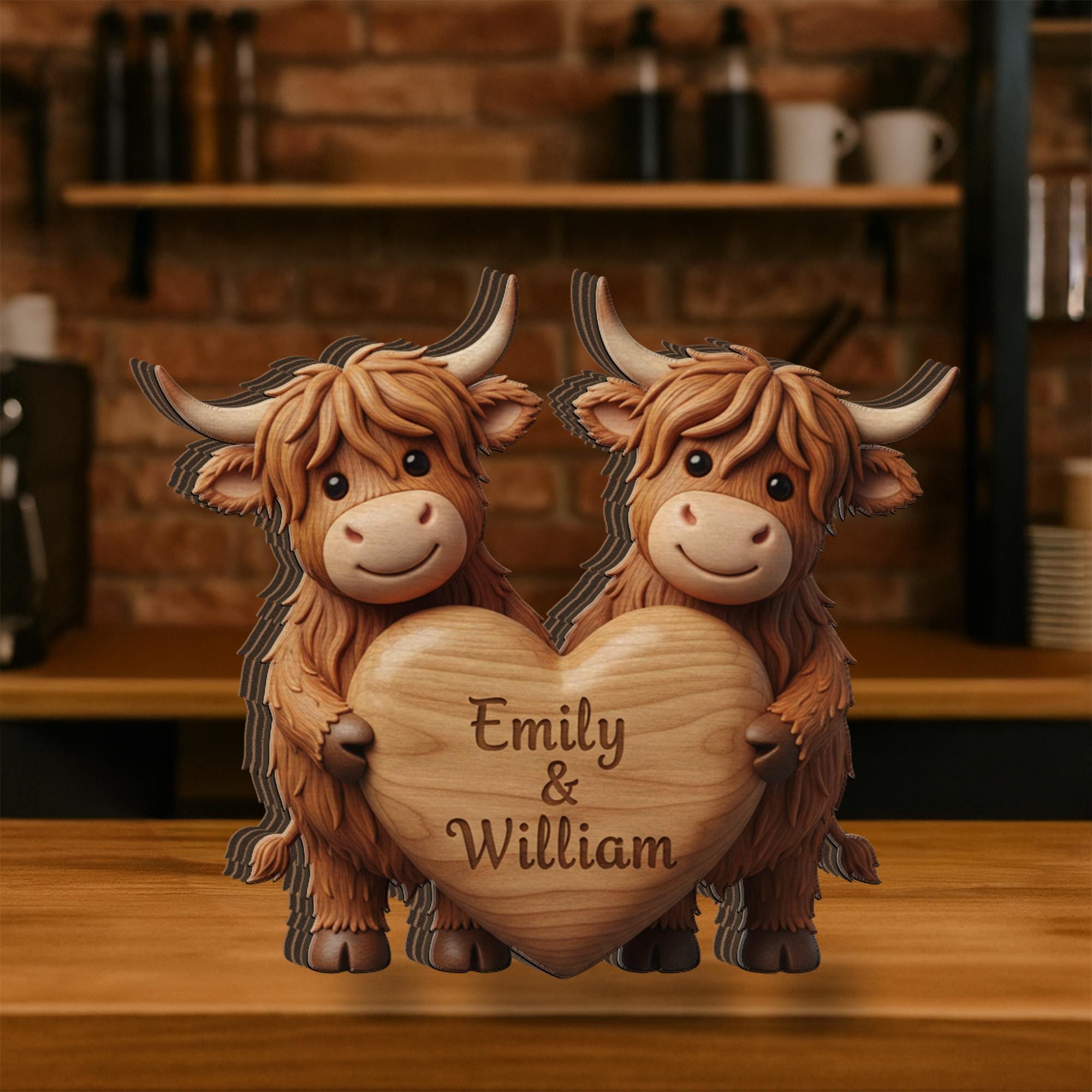 Custom Highland Cow Couple Wooden Block: Personalized Farm Animal Decor image 2