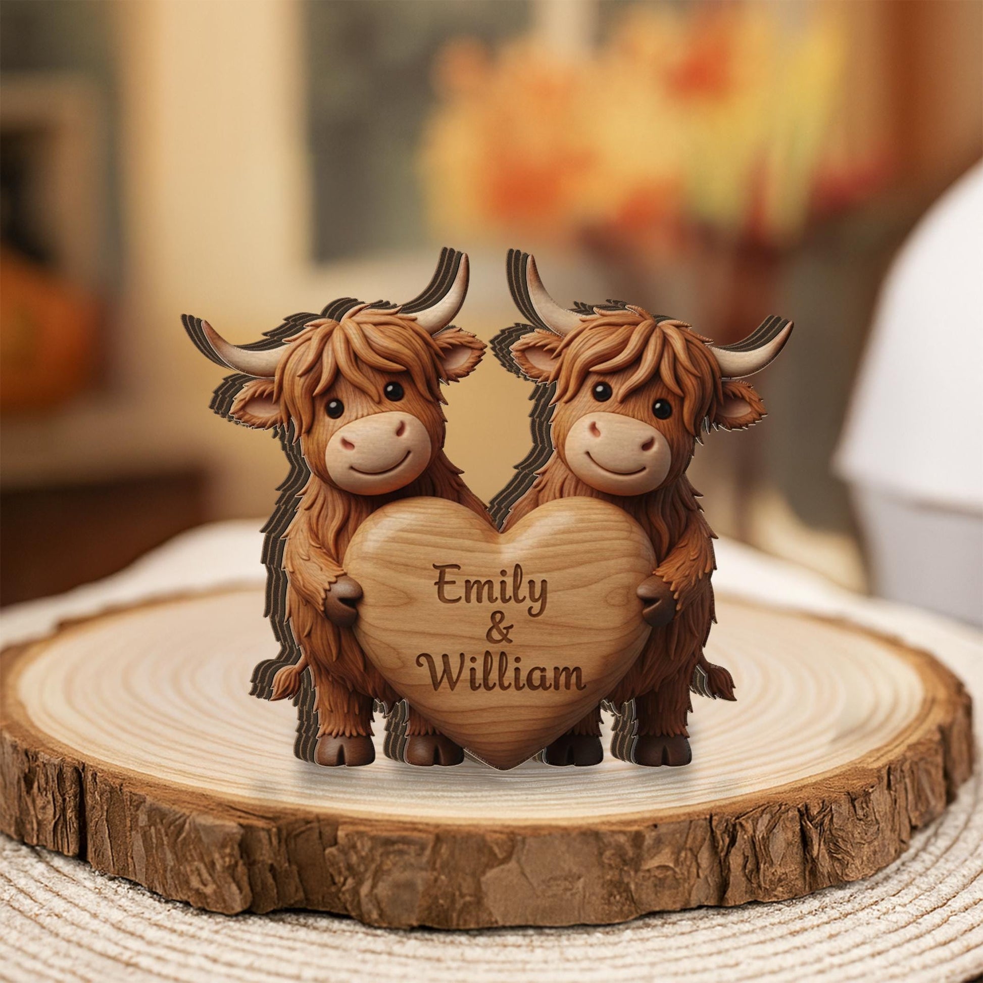 Custom Highland Cow Couple Wooden Block: Personalized Farm Animal Decor image 3
