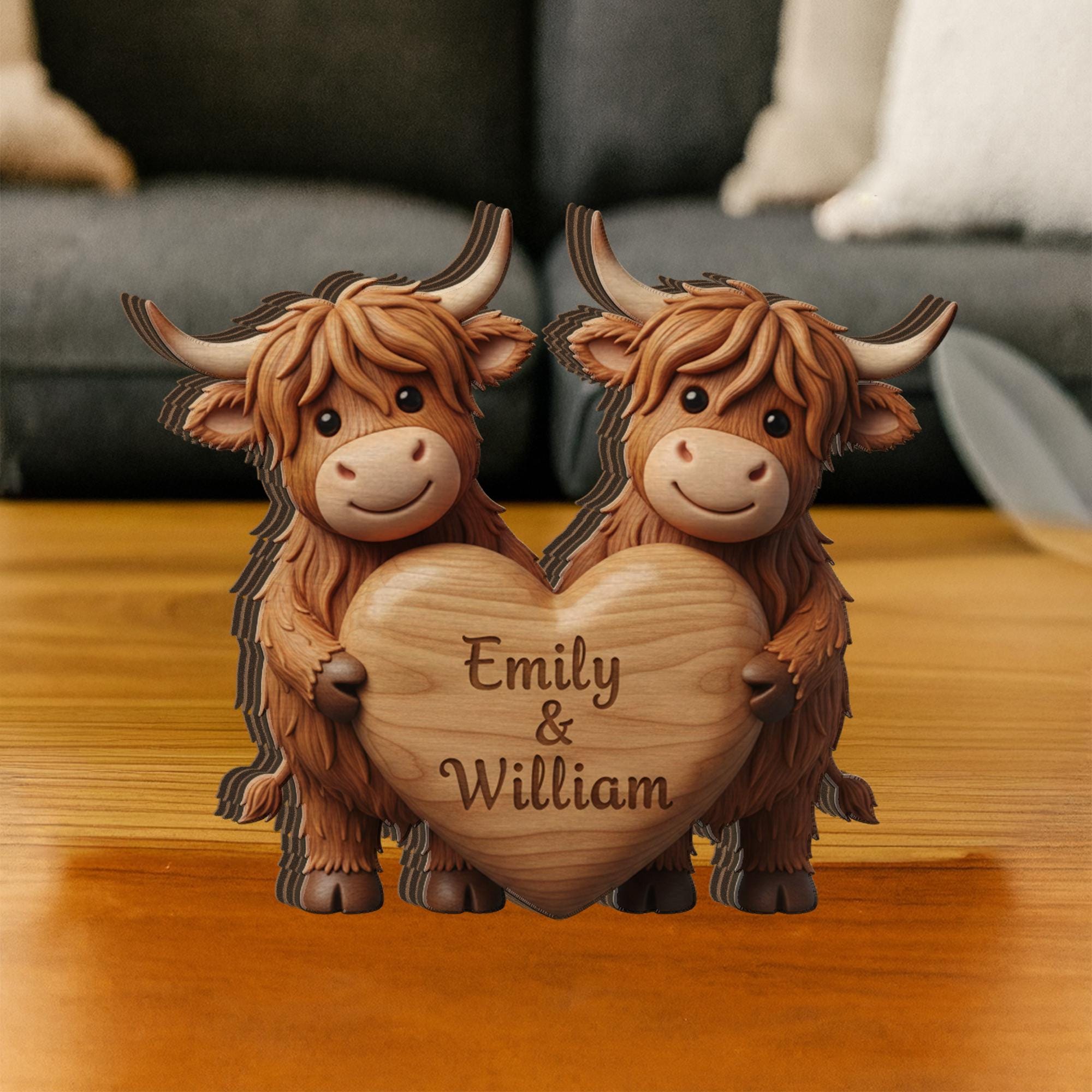 Custom Highland Cow Couple Wooden Block: Personalized Farm Animal Decor image 1