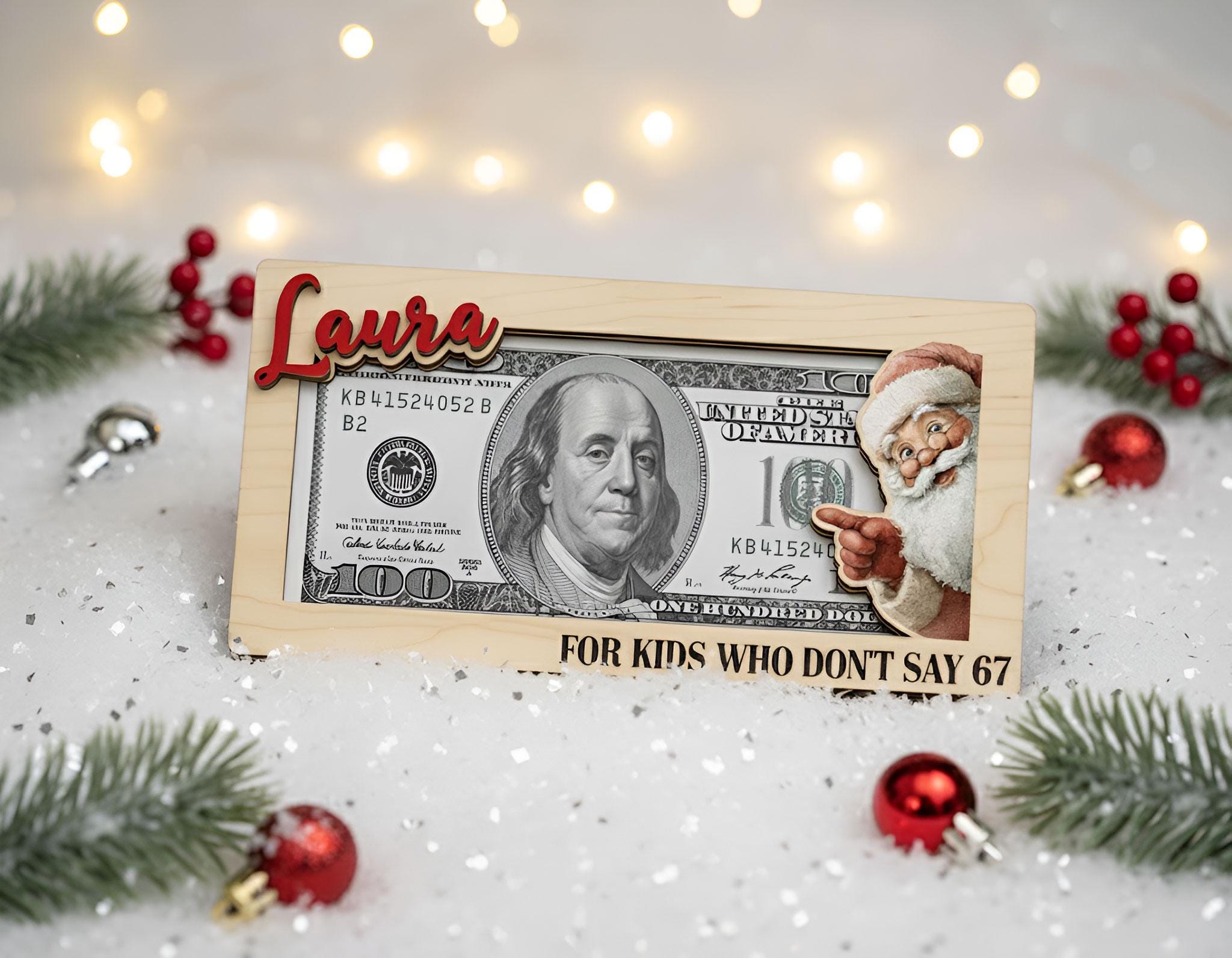 Personalized Christmas Money Holder: Funny Santa Design, Gen Z Slang, Viral 67 Meme Gift image 2