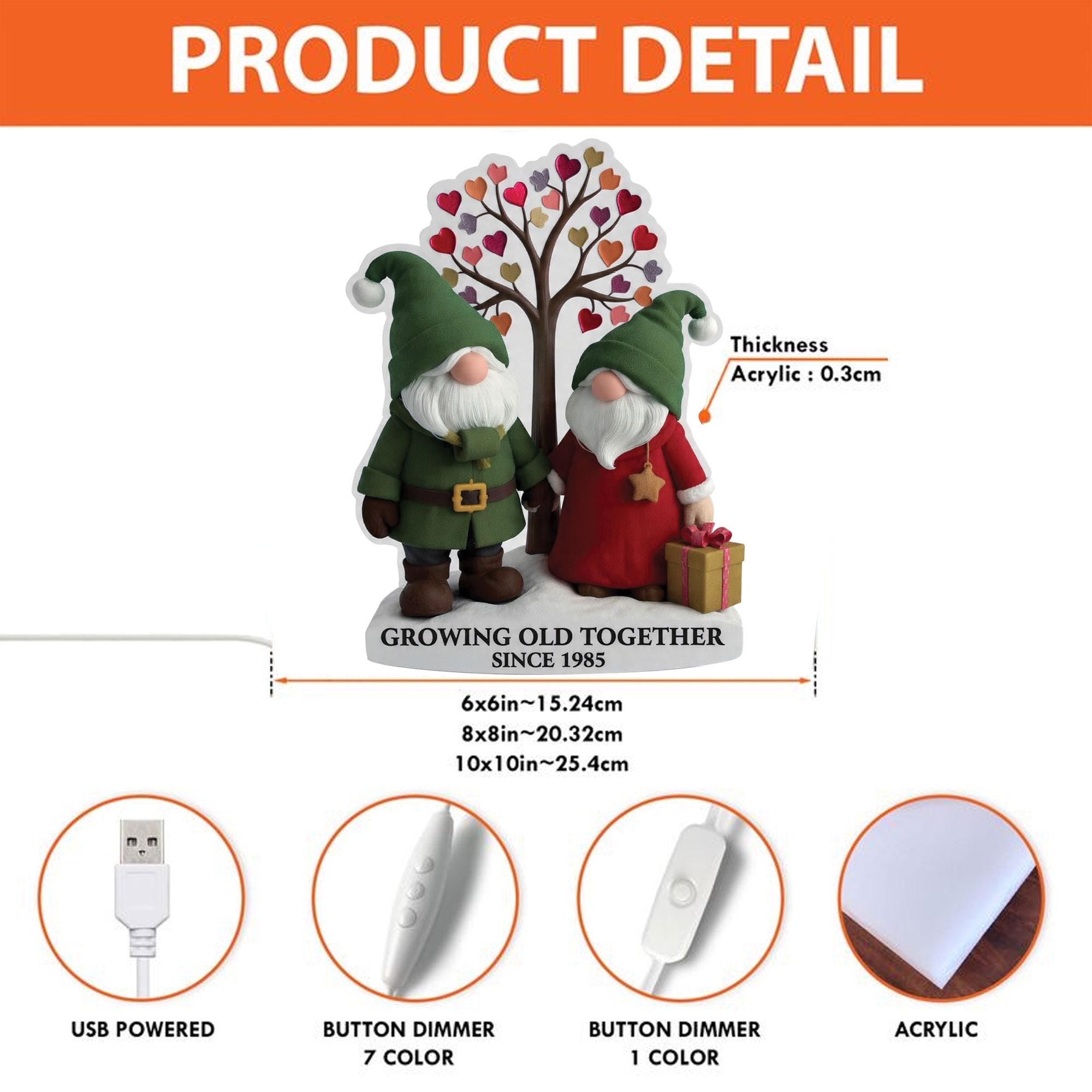 Custom Gnome Couple LED Light Box: Anniversary Gift, Growing Old Together Design image 7