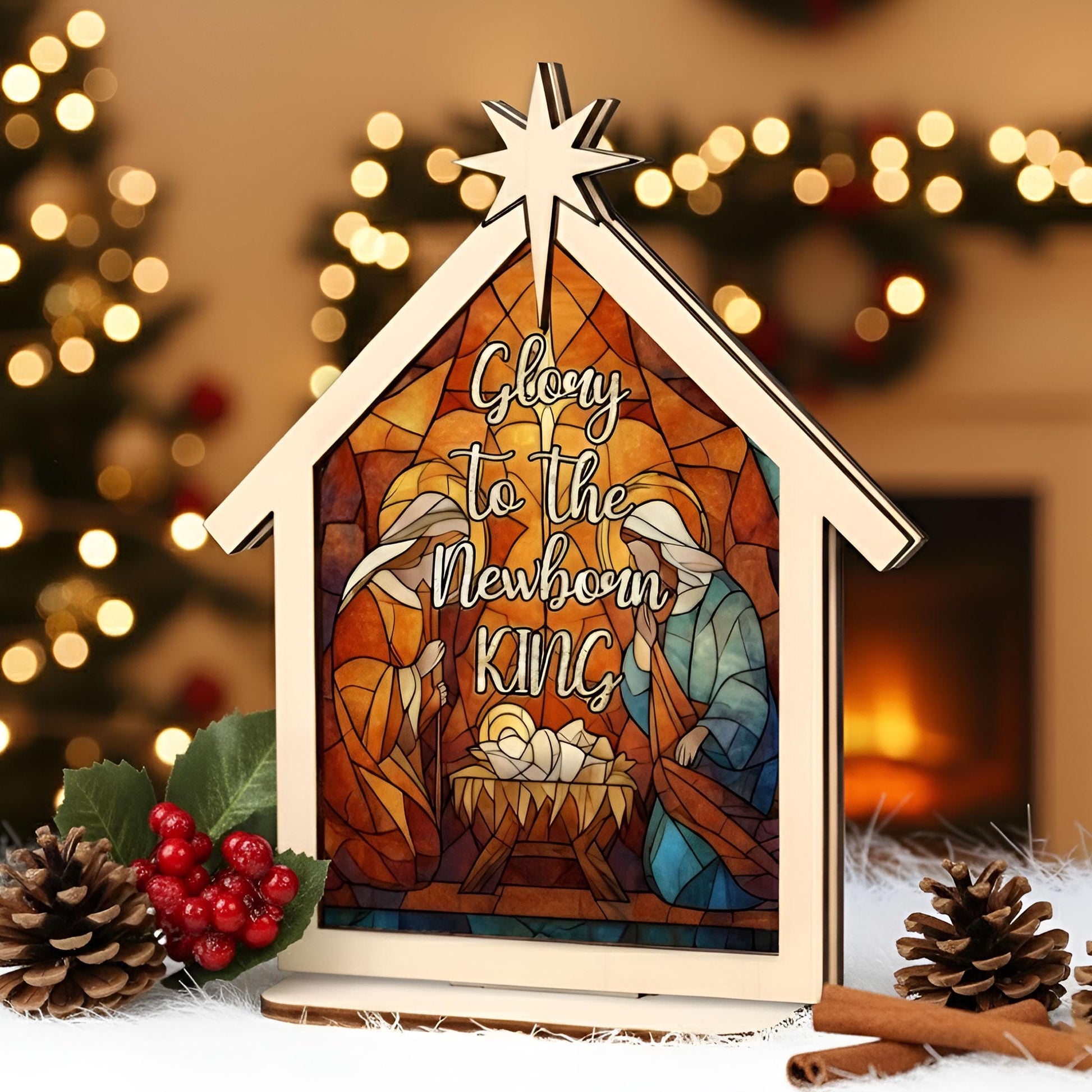 Nativity Scene Plaque: Glory to the Newborn King, Christmas Night Design, Custom Wood & Acrylic image 1