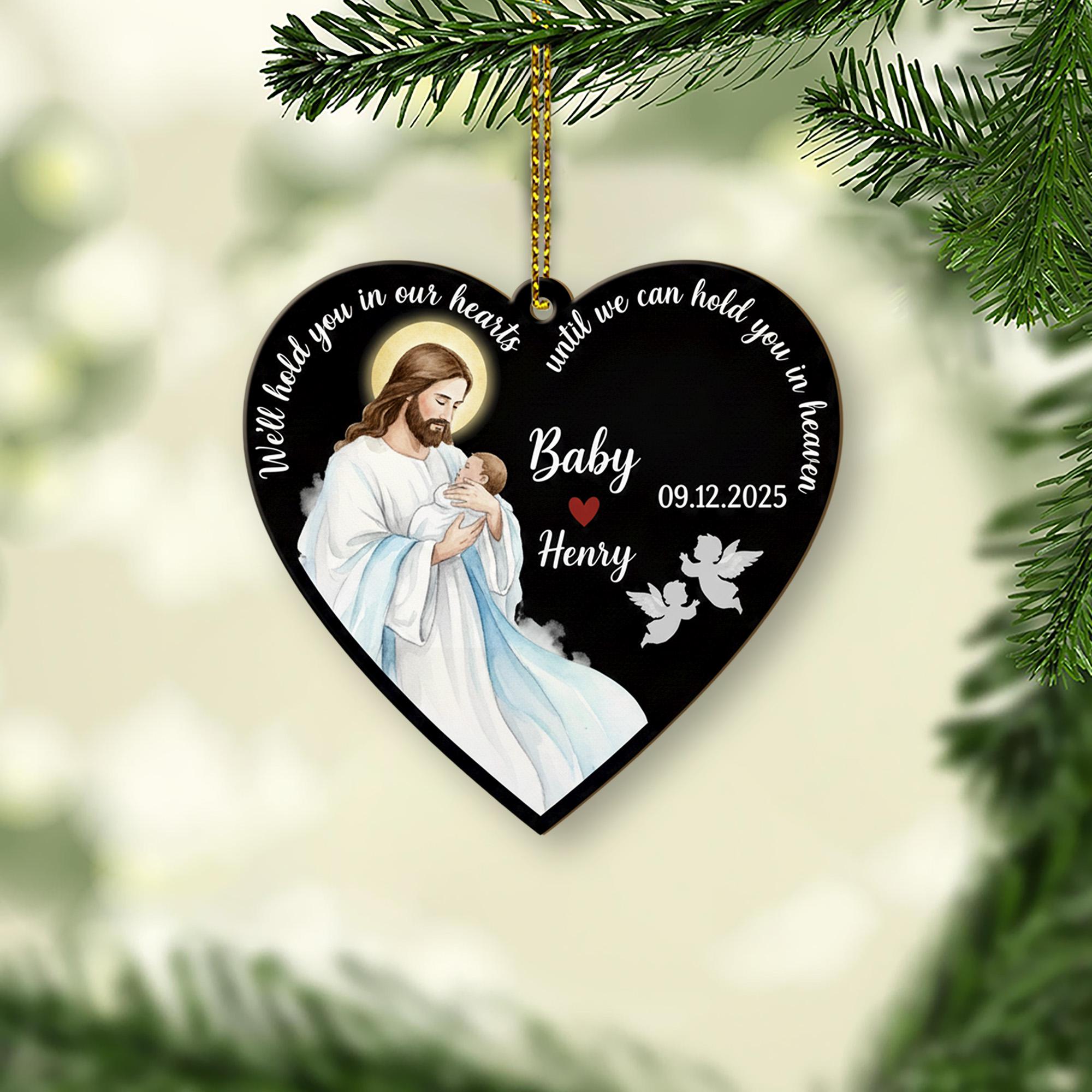 Baby Memorial Wood Ornament: Personalized Heart Shape, Jesus Holding Infant image 2