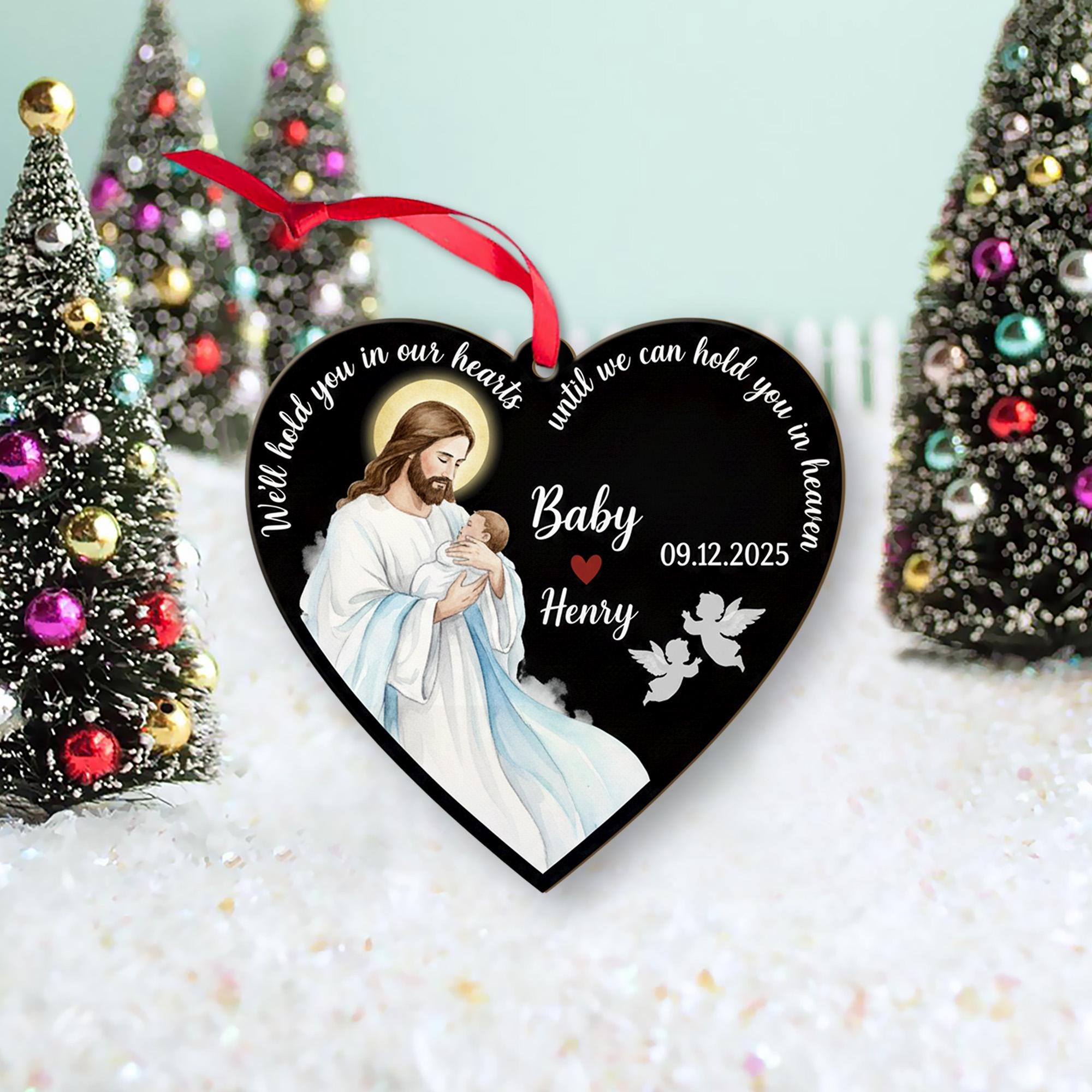 Baby Memorial Wood Ornament: Personalized Heart Shape, Jesus Holding Infant image 1
