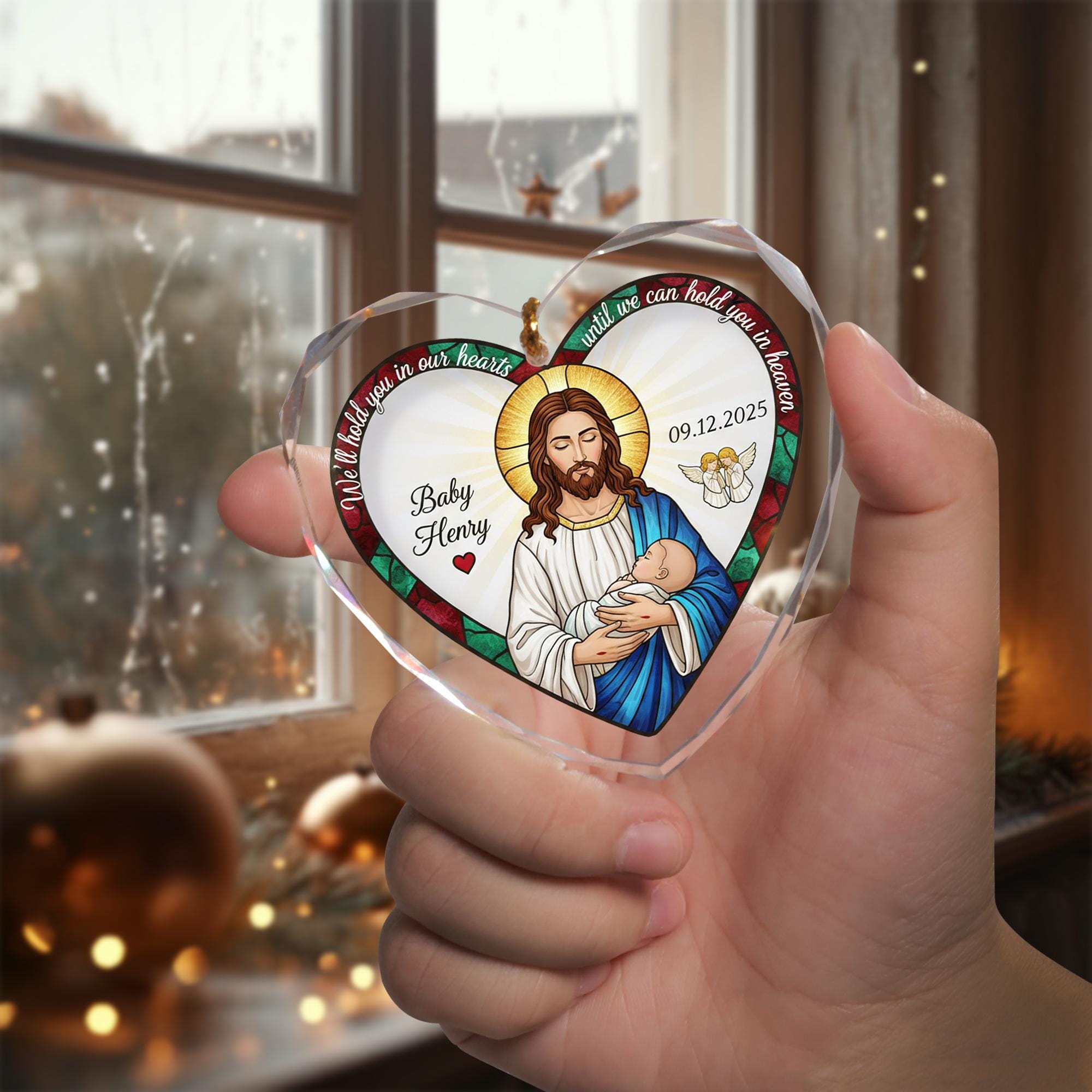 Baby Memorial Glass Ornament: Personalized Heart Shape, Jesus Holding Infant image 2