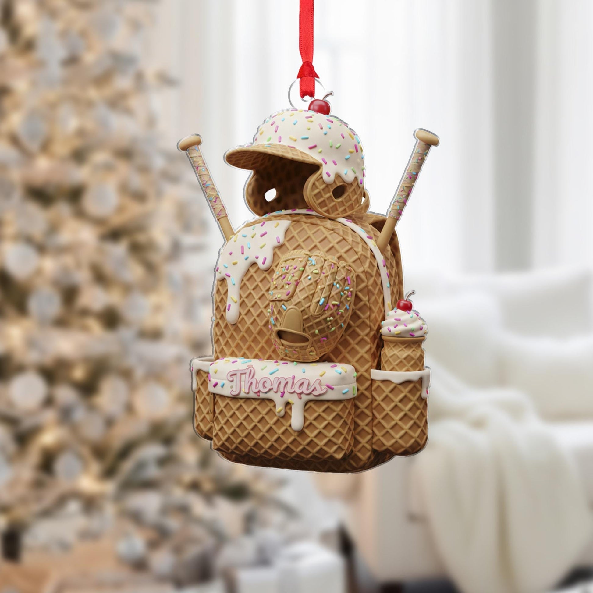 Personalized Baseball Ornament: Ice Cream Theme, Waffle Cone Texture, Backpack Shape image 1