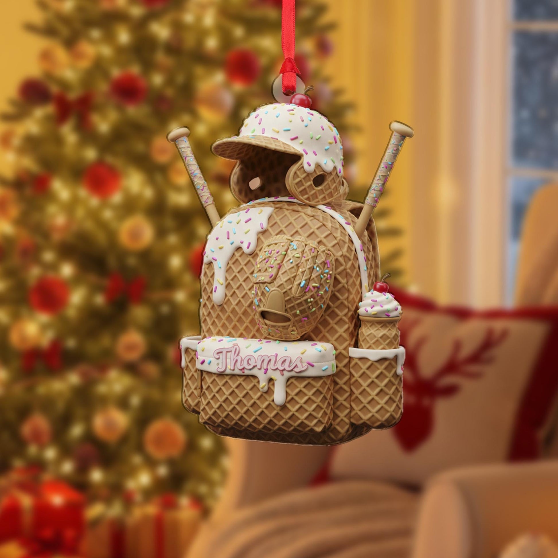 Personalized Baseball Ornament: Ice Cream Theme, Waffle Cone Texture, Backpack Shape image 2
