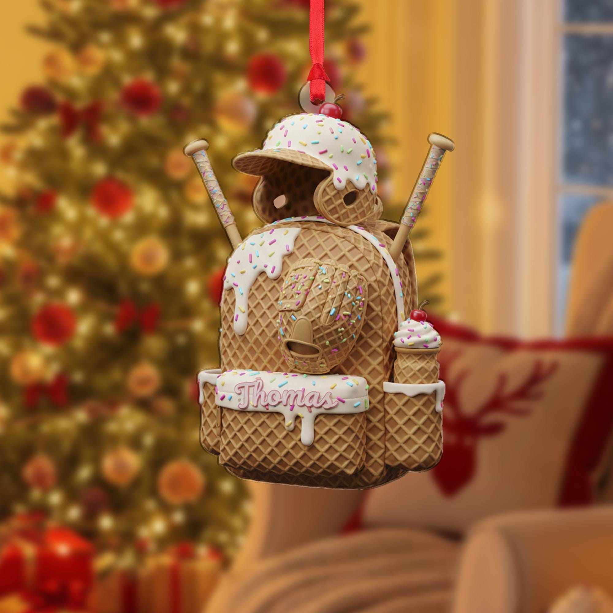 Personalized Baseball Ornament: Ice Cream Theme, Waffle Cone Texture, Backpack Shape image 2
