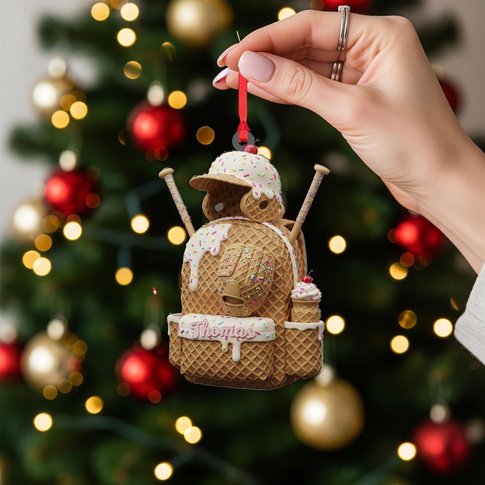 Personalized Baseball Ornament: Ice Cream Theme, Waffle Cone Texture, Backpack Shape image 7