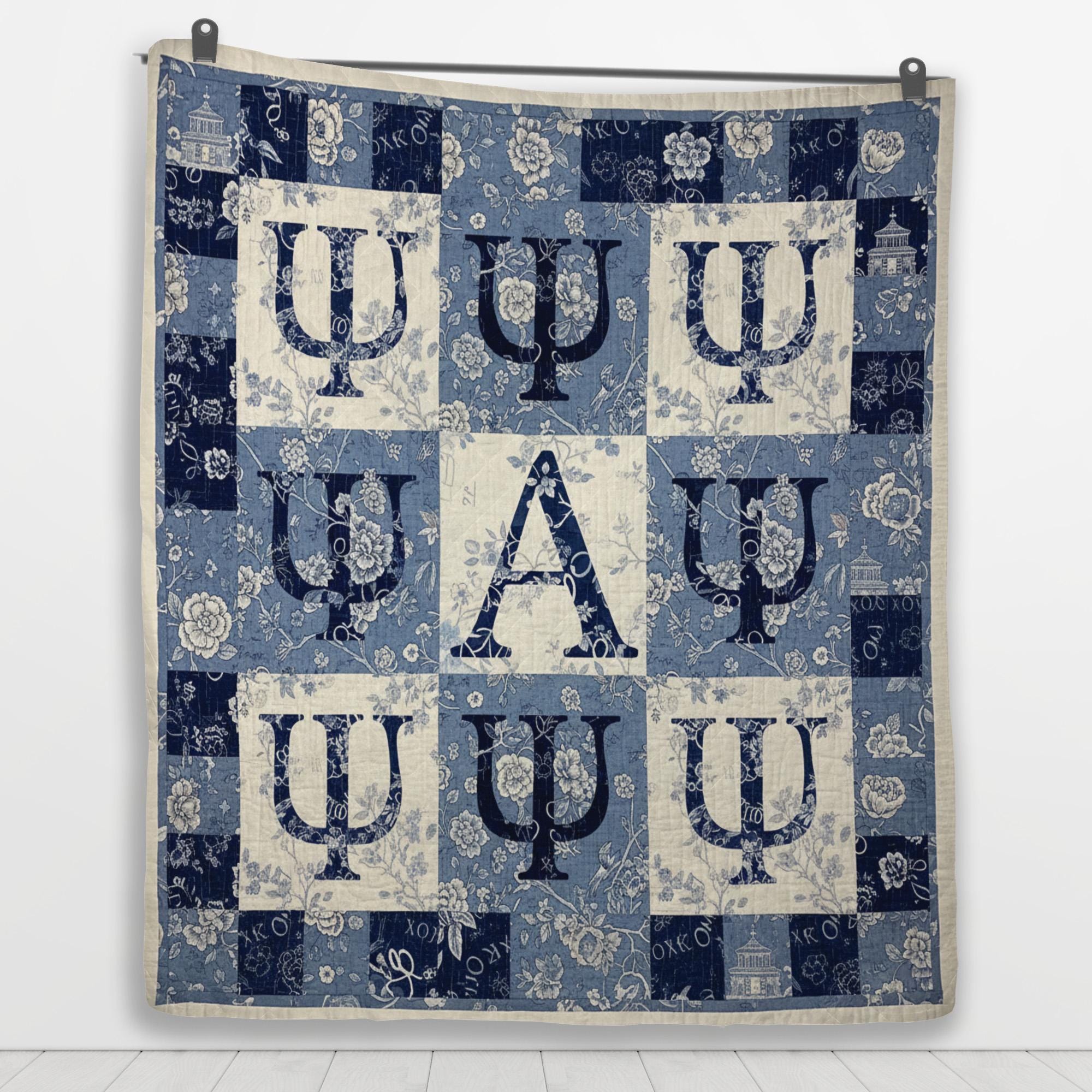 Greek Letter Quilt Blanket: Sorority Patchwork Style, Blue and White Floral, Psi Alpha Design image 5