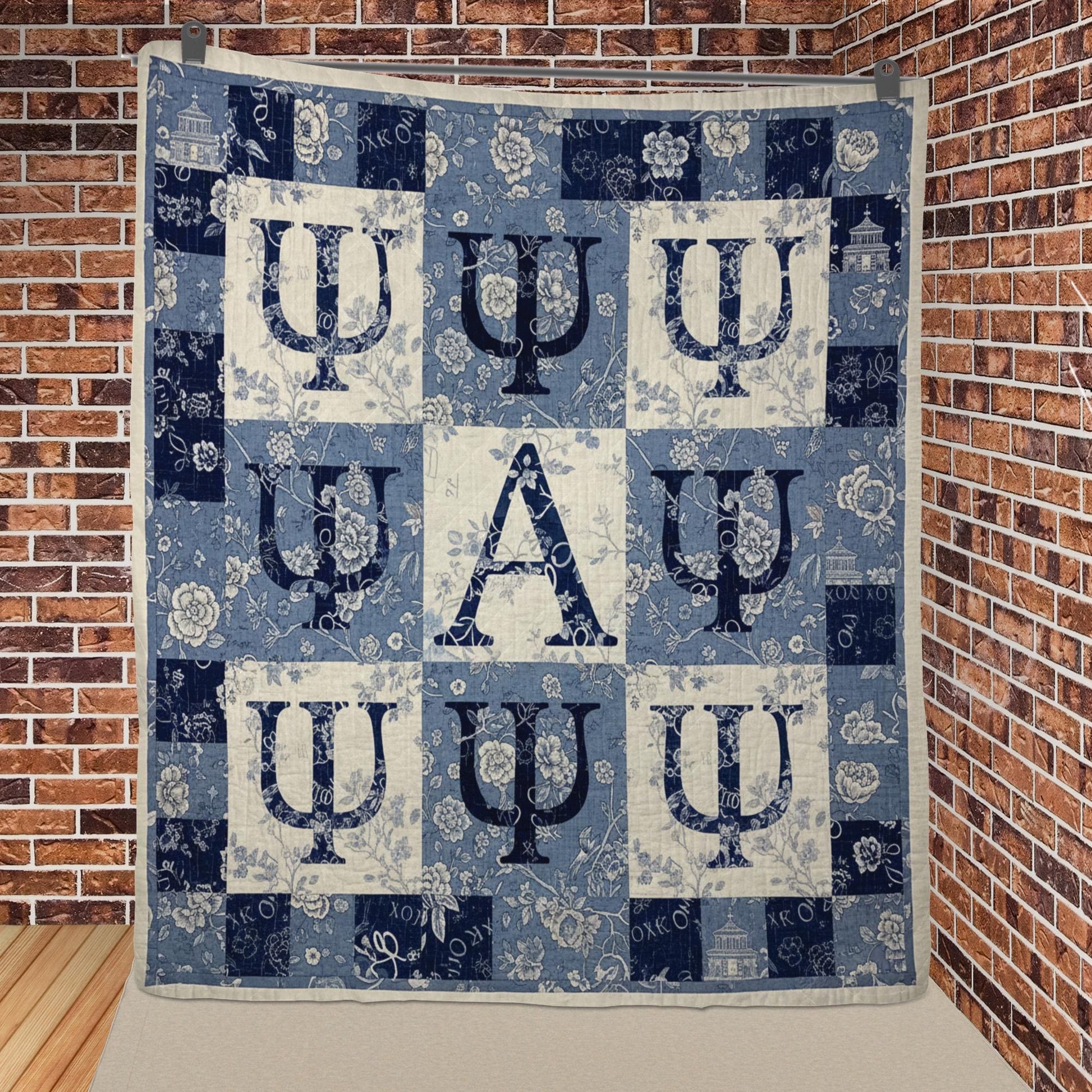 Greek Letter Quilt Blanket: Sorority Patchwork Style, Blue and White Floral, Psi Alpha Design image 3