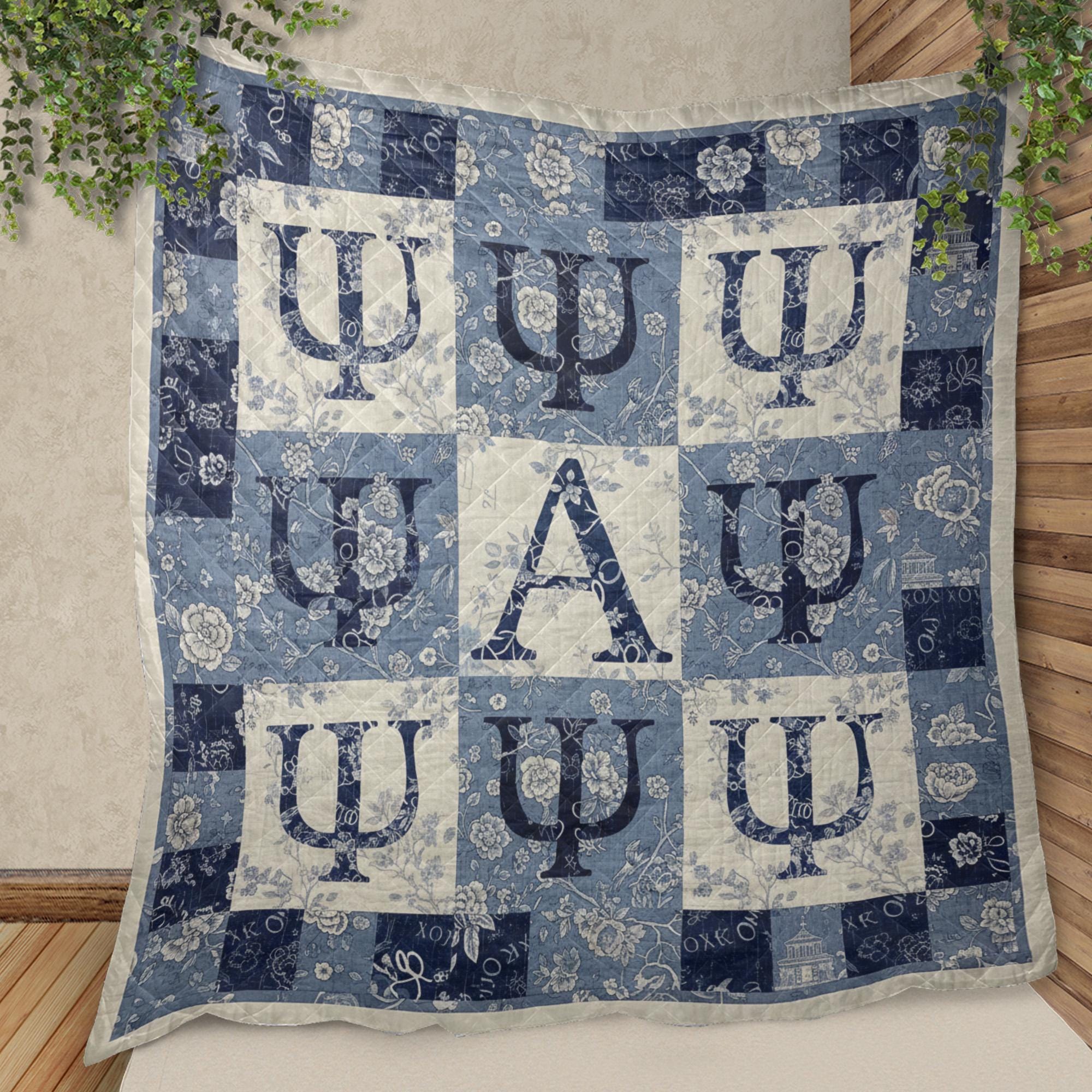 Greek Letter Quilt Blanket: Sorority Patchwork Style, Blue and White Floral, Psi Alpha Design image 8