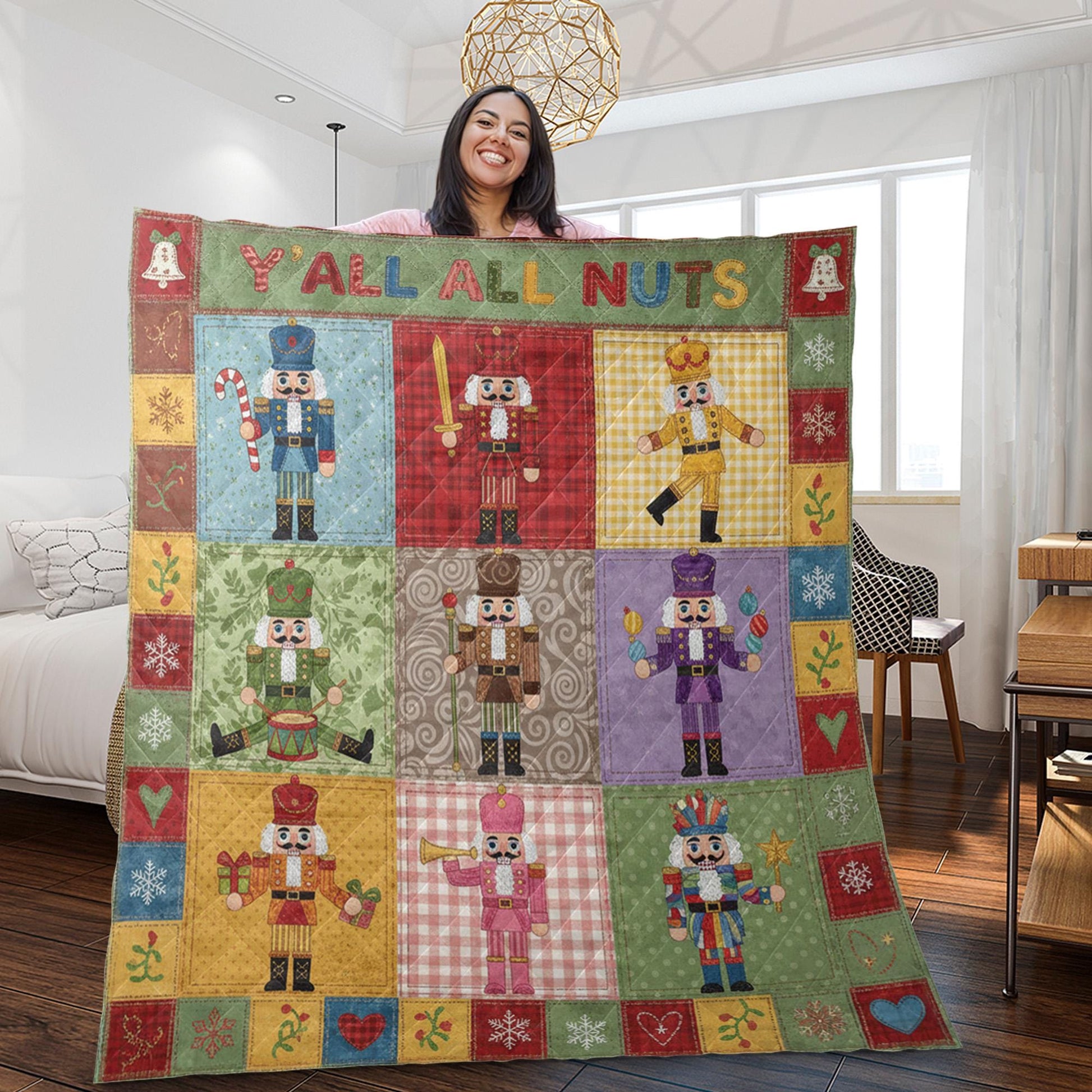 Nutcracker Quilt Blanket: "Y'all All Nuts" Slogan, Christmas Patchwork, Holiday Bedding image 1