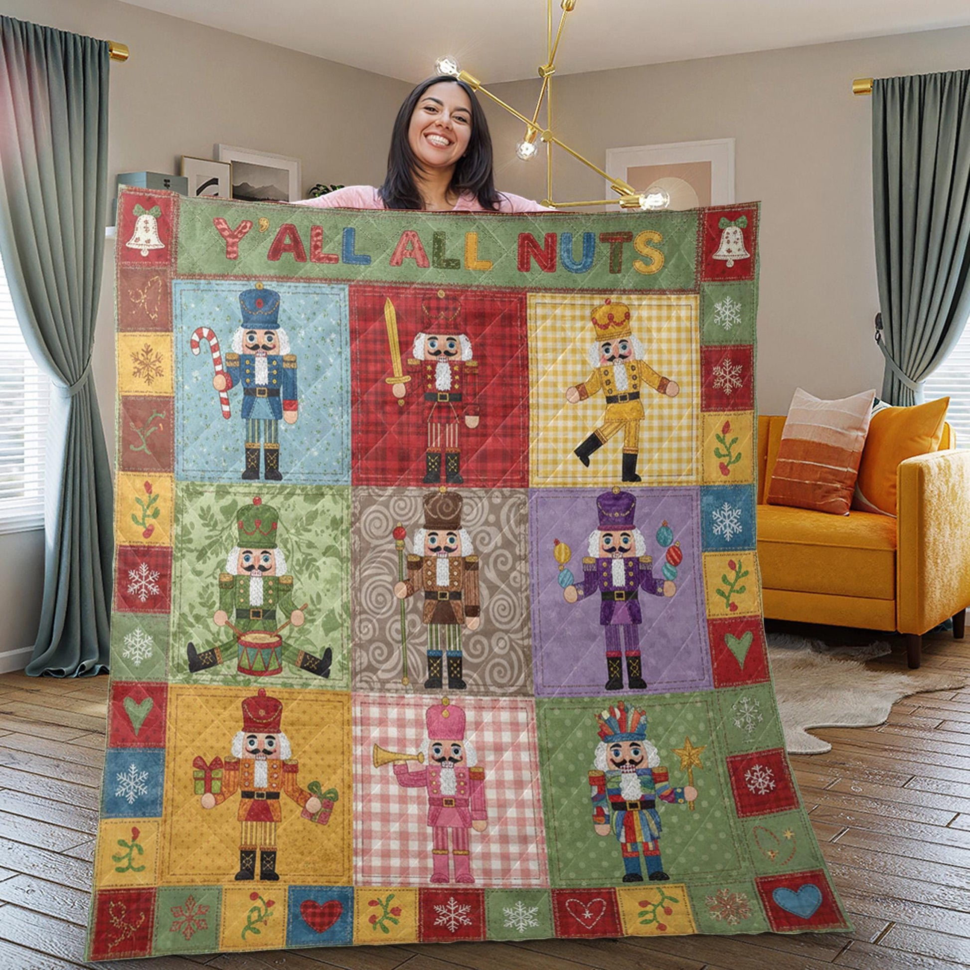 Nutcracker Quilt Blanket: "Y'all All Nuts" Slogan, Christmas Patchwork, Holiday Bedding image 3