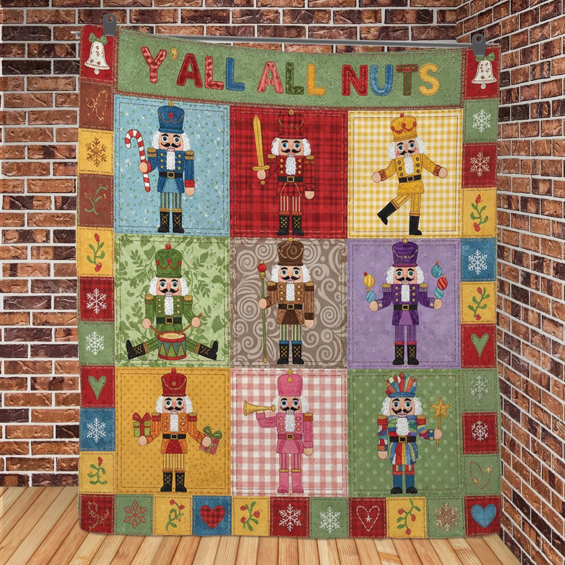Nutcracker Quilt Blanket: "Y'all All Nuts" Slogan, Christmas Patchwork, Holiday Bedding image 4