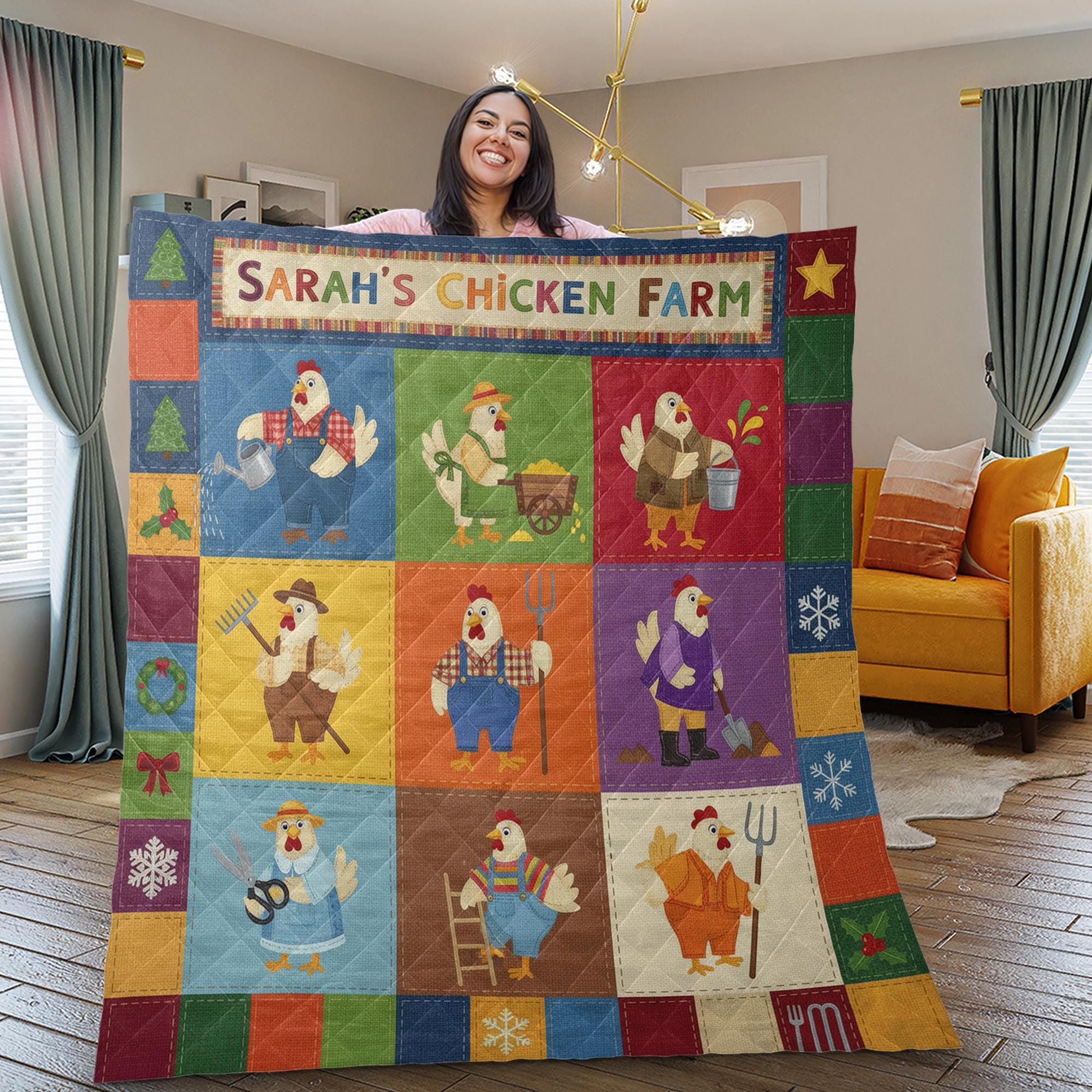 Personalized Chicken Quilt Blanket: Custom Farm Name, Patchwork Style, Cartoon Hens image 2
