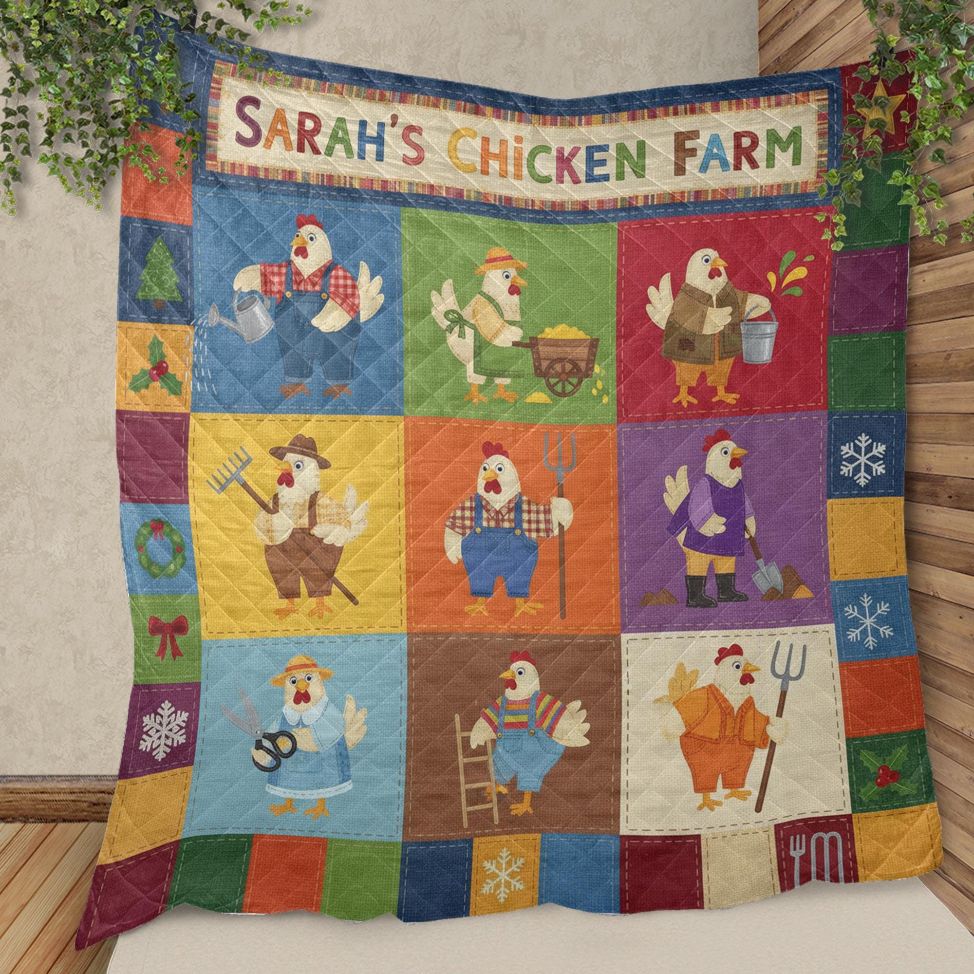 Personalized Chicken Quilt Blanket: Custom Farm Name, Patchwork Style, Cartoon Hens image 1