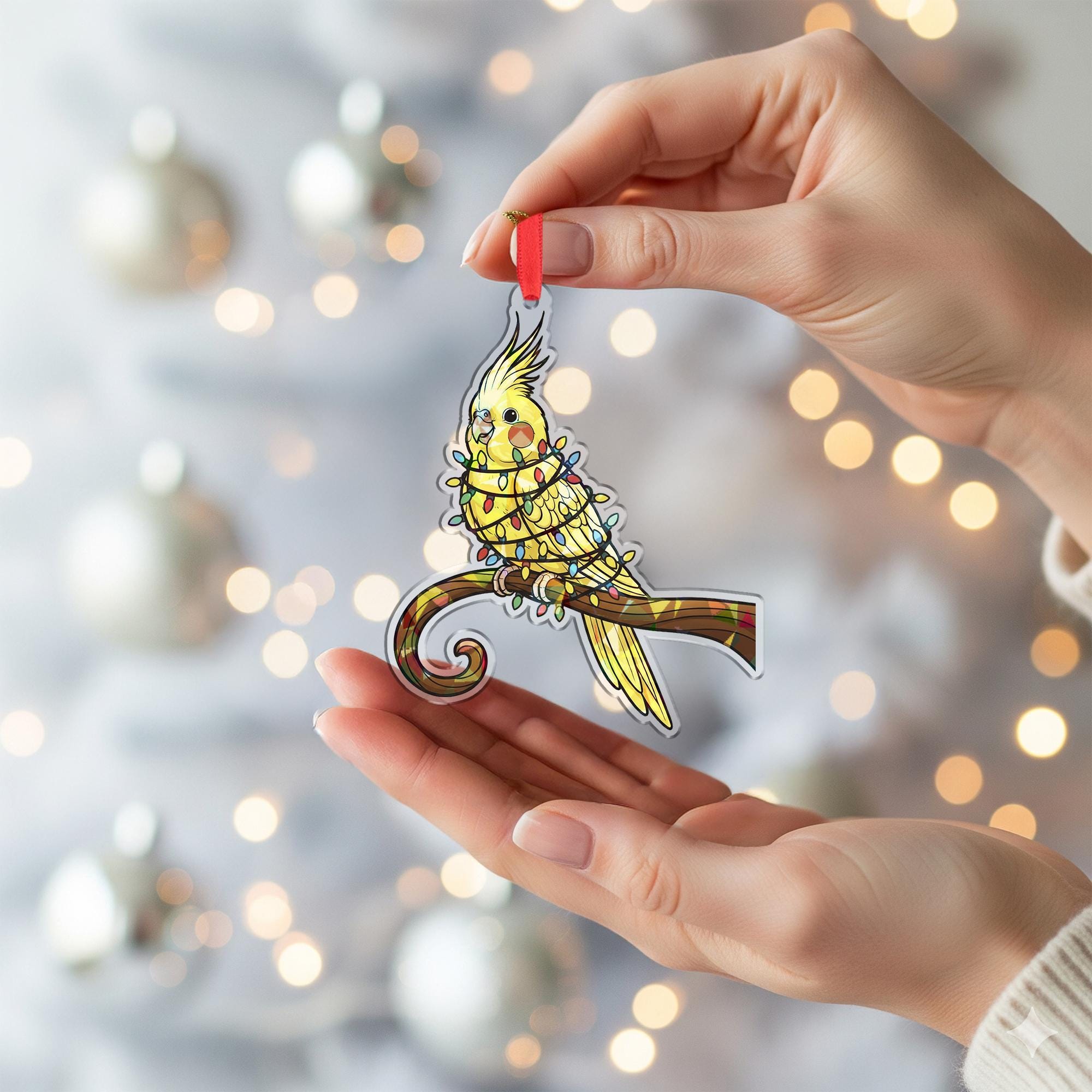 Holographic Cockatiel Ornament: Bird Design Decoration, Acrylic Hanging Holiday Decor image 5
