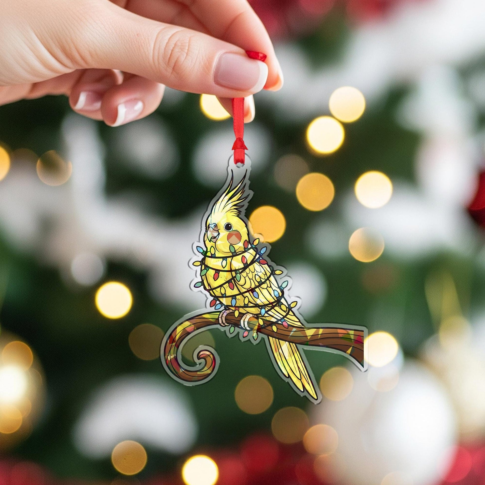 Holographic Cockatiel Ornament: Bird Design Decoration, Acrylic Hanging Holiday Decor image 4