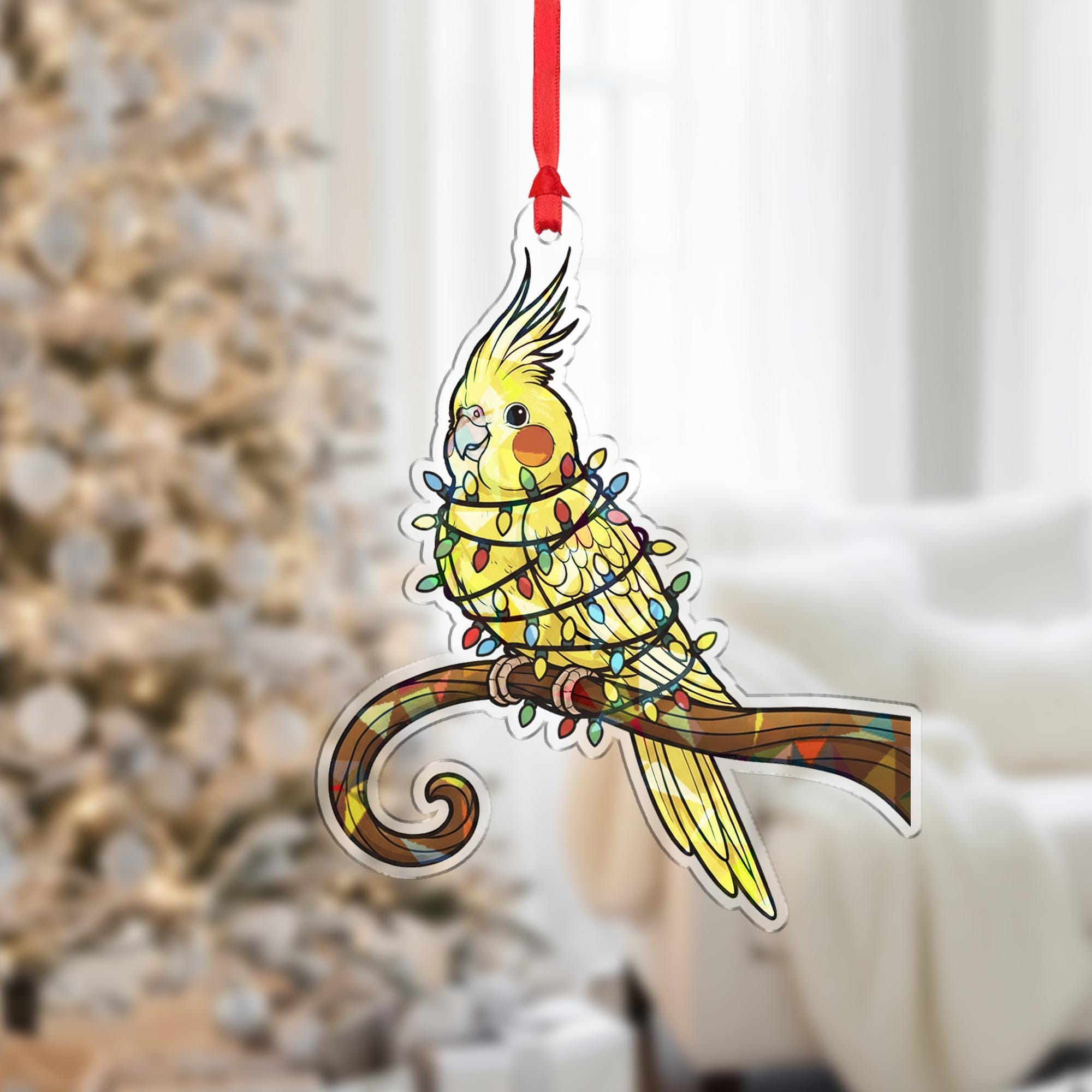 Holographic Cockatiel Ornament: Bird Design Decoration, Acrylic Hanging Holiday Decor image 1